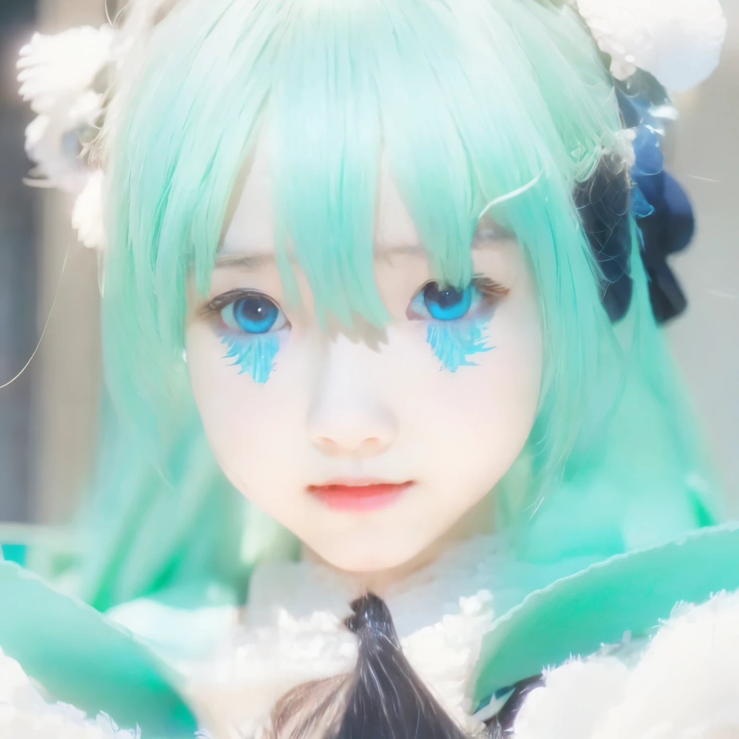 Anime has light blue eyes and wears a white shirt, realistis