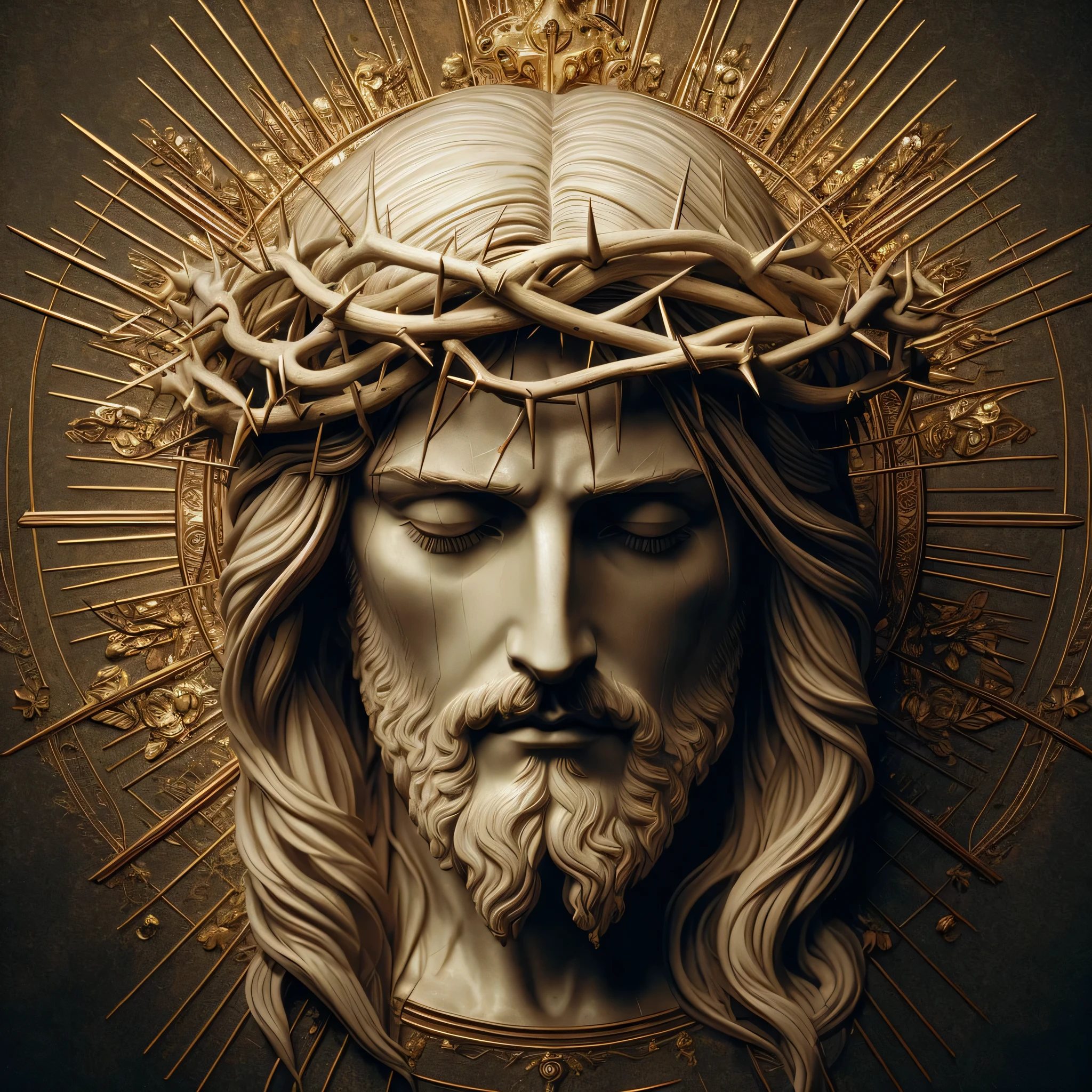a close up of a statue of jesus with a crown of thorns on his head, jesus face, realistic 8k bernini sculpture, jesus christ, crown of thorns, jesus of nazareth, portrait of jesus christ, jesus, king of kings, the lord and savior, many crowns!! upon his head, catholic religious art, gigachad jesus