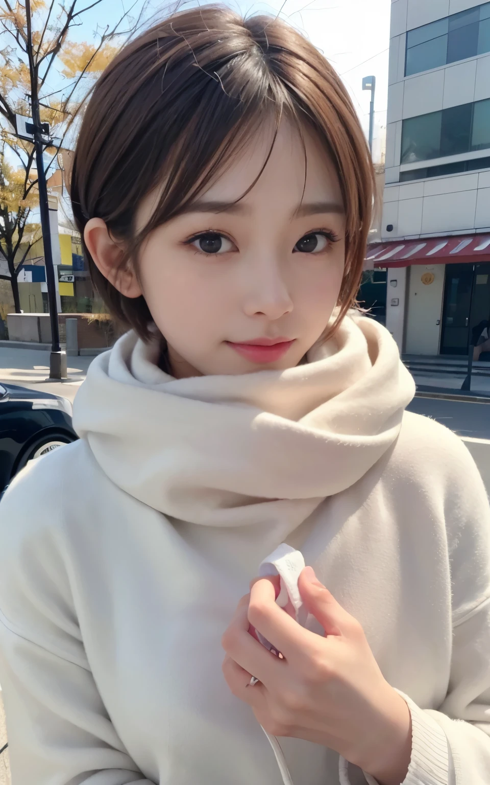 Cute 21 years old Japan、early evening、shopping、Super Detail Face、Eye of Detail、二重まぶた、beautiful thin nose、foco nítido:1.2、prety woman:1.4、(light brown hair,short cut hair, White skin、top-quality、发光、​masterpiece、超A high resolution、(Photorealsitic:1.4)、Cute winter clothes、Red muffler、