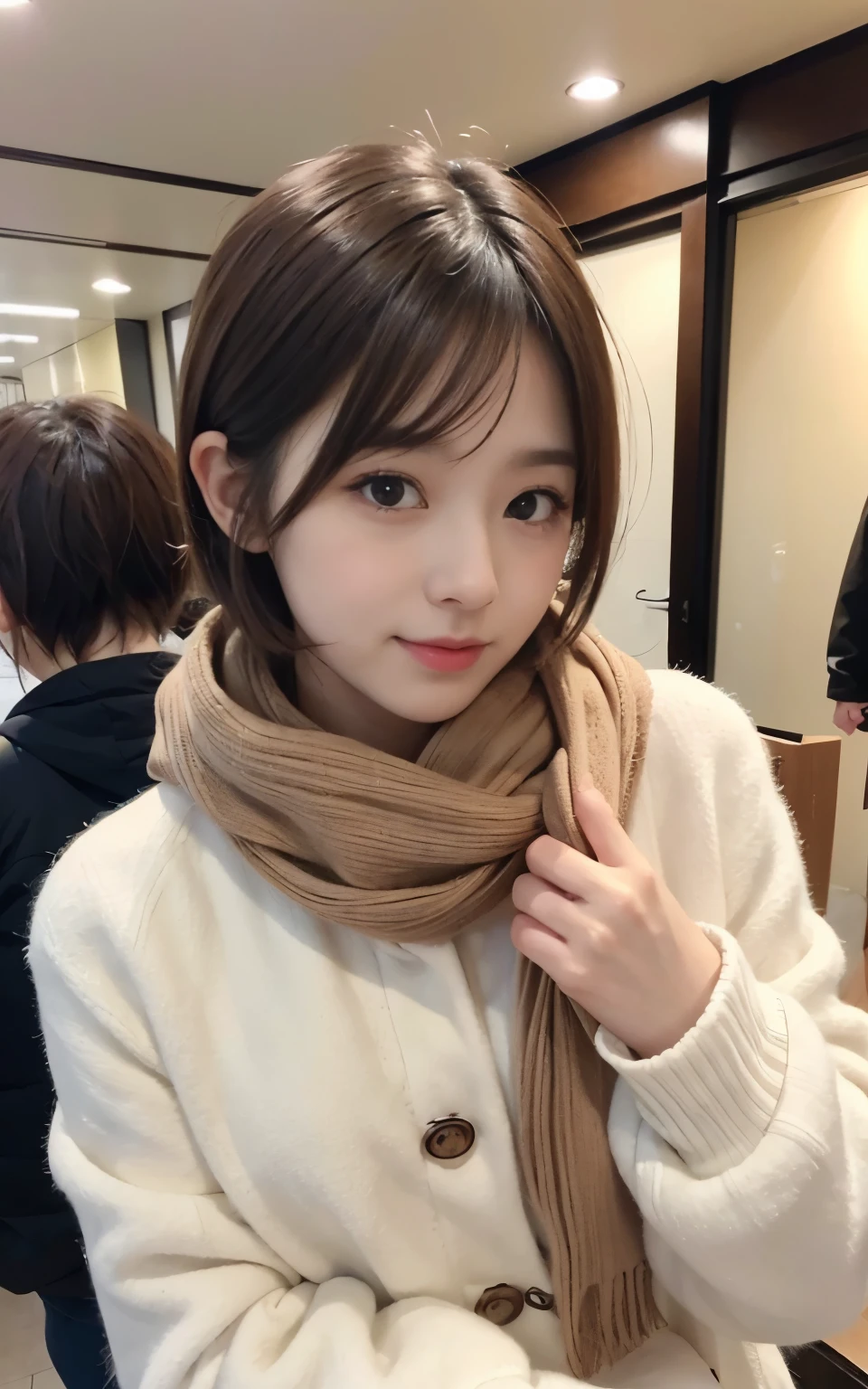 Cute 21 years old Japan、early evening、shopping、Super Detail Face、Eye of Detail、二重まぶた、beautiful thin nose、foco nítido:1.2、prety woman:1.4、(light brown hair,short cut hair, White skin、top-quality、发光、masterpiece、超A high resolution、(Photorealsitic:1.4)、Cute winter clothes、Red muffler、
