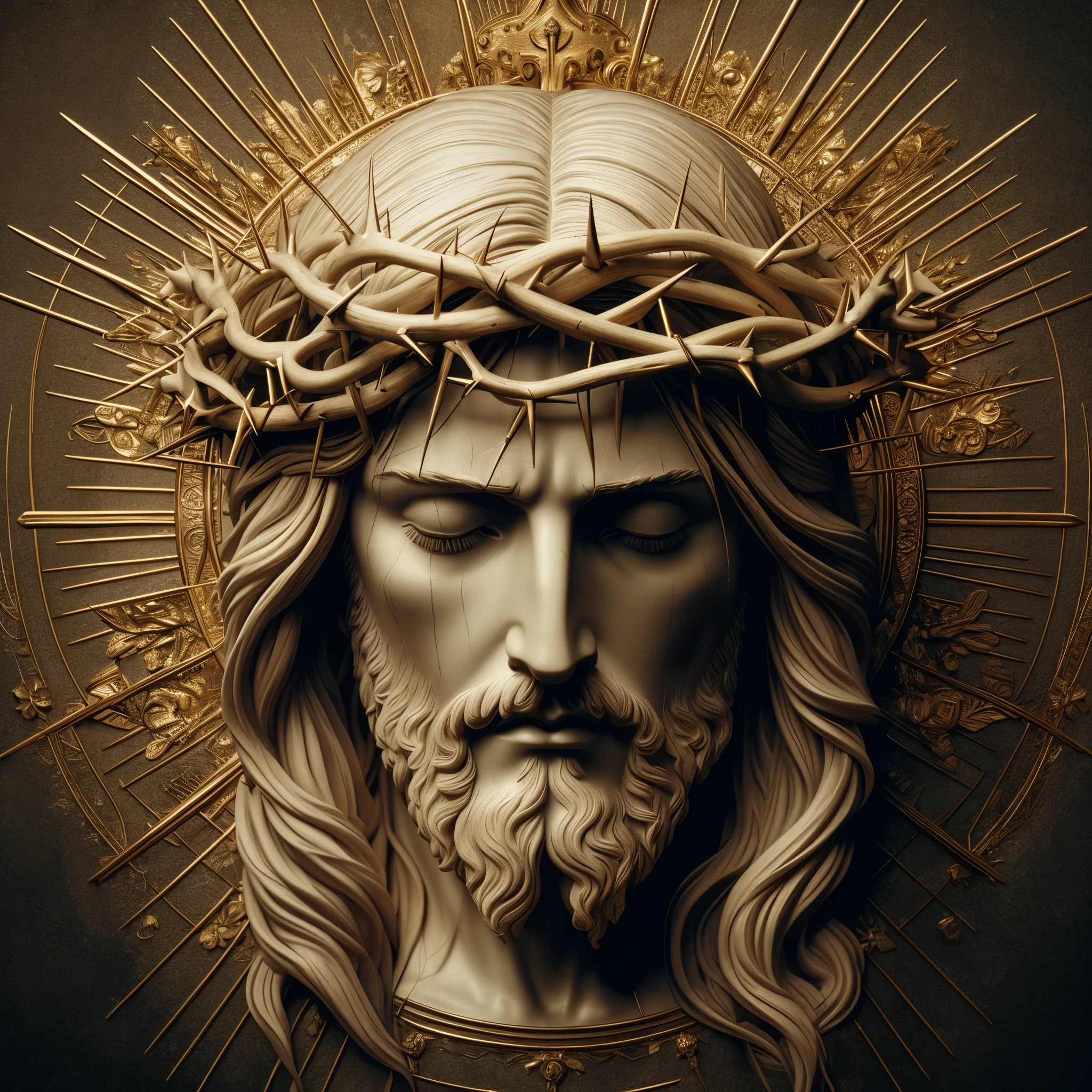 a close up of a statue of jesus with a crown of thorns on his head, jesus face, realistic 8k bernini sculpture, jesus christ, crown of thorns, jesus of nazareth, portrait of jesus christ, jesus, king of kings, the lord and savior, many crowns!! upon his head, catholic religious art, gigachad jesus