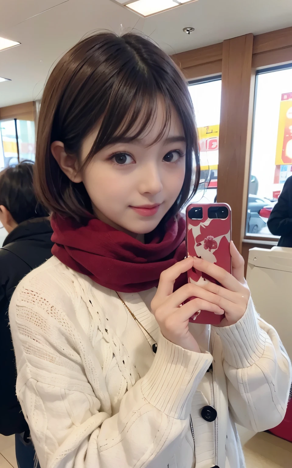 Cute 21 years old Japan、during daytime、shopping、Super Detail Face、Eye of Detail、二重まぶた、beautiful thin nose、foco nítido:1.2、prety woman:1.4、(light brown hair,short cut hair, White skin、top-quality、发光、​masterpiece、超A high resolution、(Photorealsitic:1.4)、Cute winter clothes、Red muffler、Smartphone in hand、