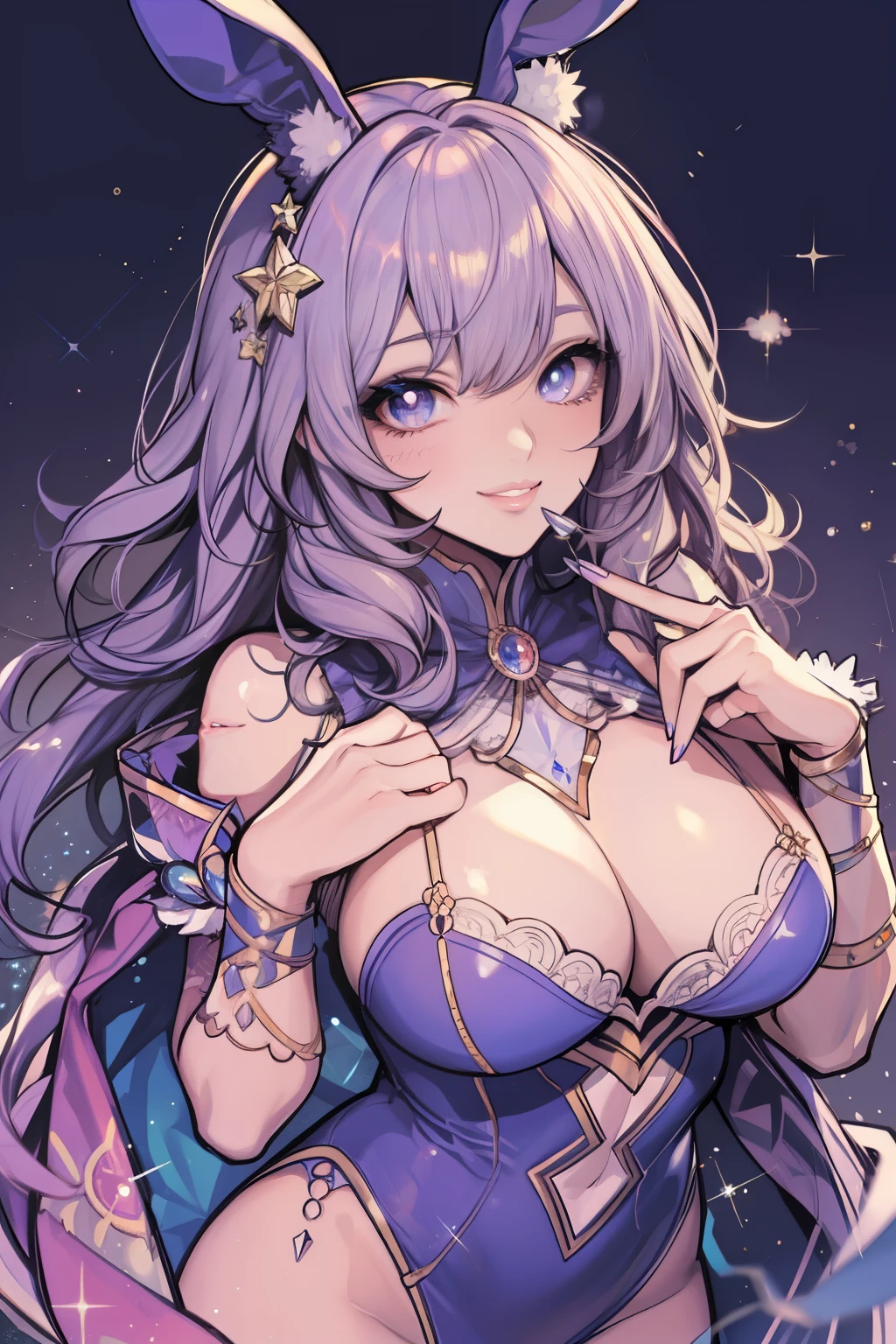 Bunny Girl Girl, sparkly eyes, False lashes, Glossy lips, A smile, large full breasts, Thumb and four fingers, Anatomically correct fingers, detail portrayal, Lustrous skin,