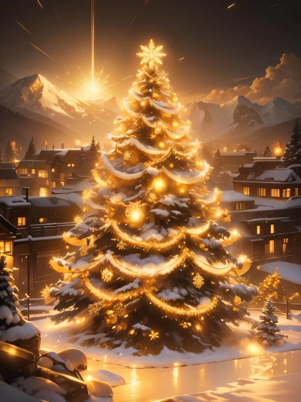(((masutepiece))), High quality, Extremely detailed, 4K, 8K, (Christmas tree:1.2), (Golden Illumination:1.5), (golden snowflake:1.3), (strong lights:1.4), (nightcity:1.2), (No human), superfine illustration, Approaching perfection, Insanely detailed, Concept art, epicd, Cinematic. unreal enginee 5