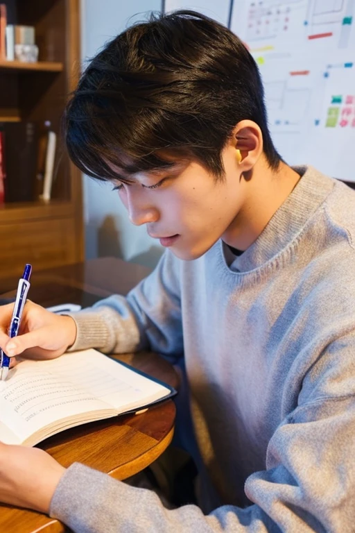A 20-year-old Japanese man studying with a pen,a handsome