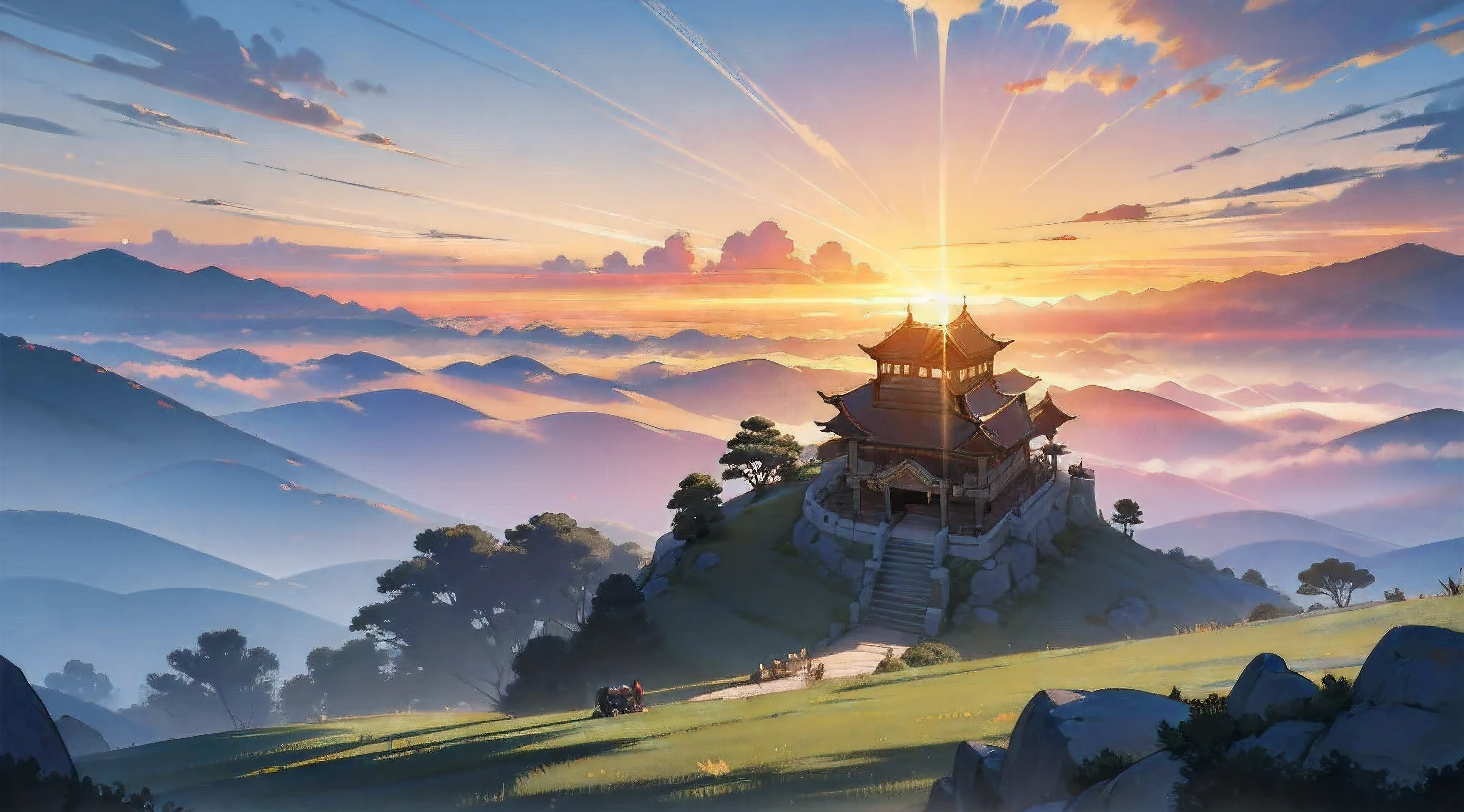 just a very old Chinese ground made by rock , very very deep valley, very very high escarp , cloud sea ,Grassland , Chinese Tample in the front right hand side , outside ,helicopter shot , very very extra wide view , outdoor , details background , dusk , very golden sky , very golden lighting,