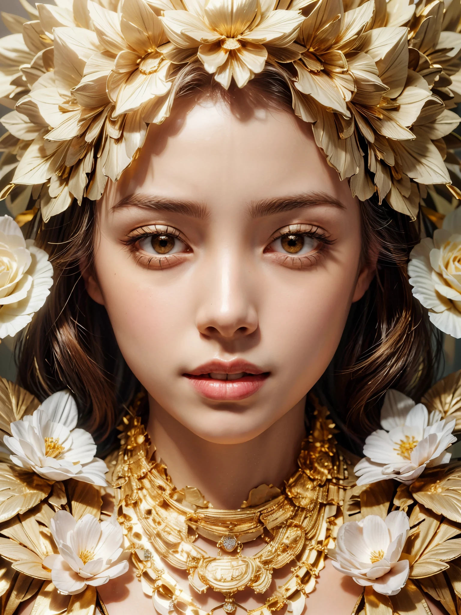 A beautiful woman wearing a dress made of square gold., A beautiful girl with a fine face., Wearing a gold necklace., There are white flowers decorated on the body., Portrait of a female man, (Realistic face details), intricate detailed, very high details, photo-hyper-realistic, 8k, UHD, hyperdetailed, (Dynamic Poses:1.4),