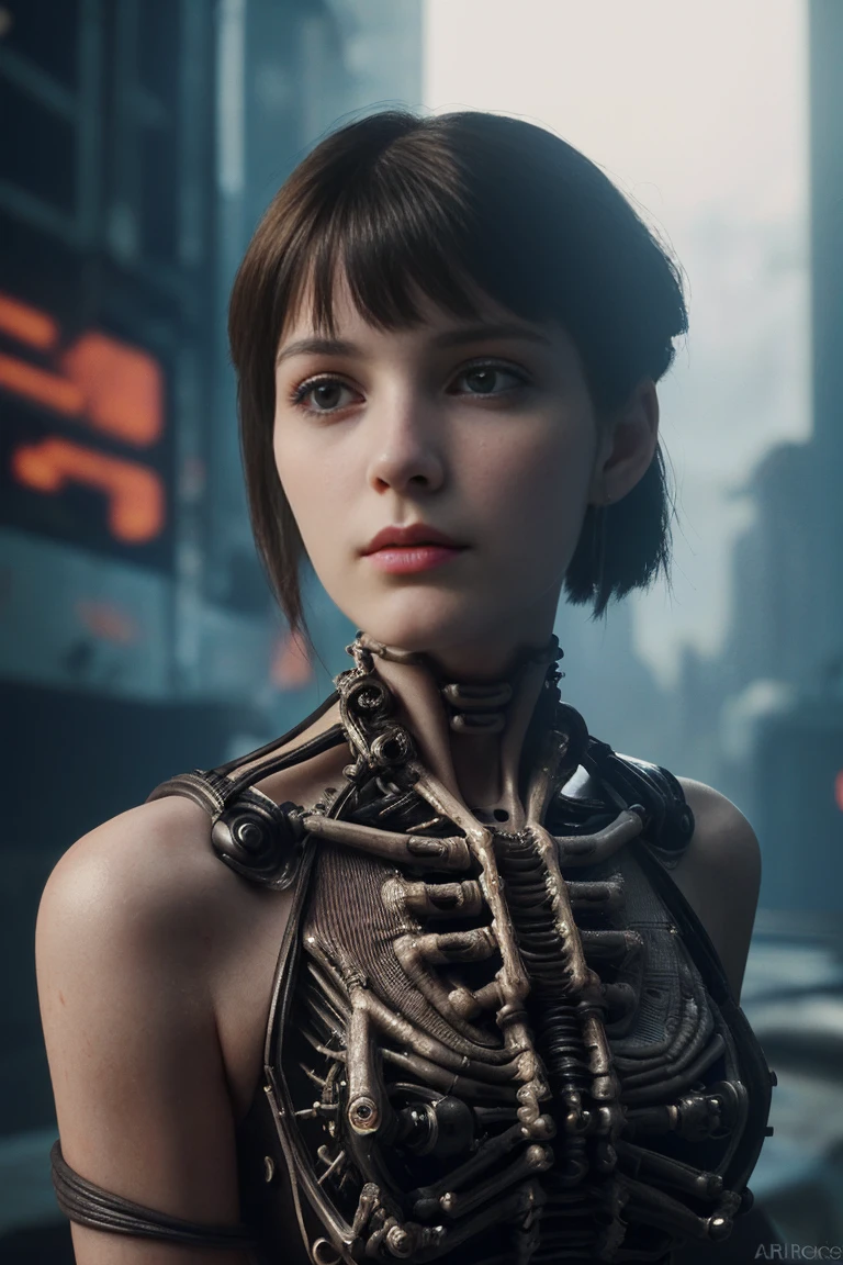 Top Quality, Masterpiece, Ultra High Resolution, ((Photorealistic: 1.4), Raw Photo, 1 cyberpunk Girl, Glossy Skin, 1 Mechanical Girl, (Ultra Realistic Detailechanical limbs, tubes connected to the mechanical parts, mechanical vertebrae attached to the spine, mechanical cervical attachment to the neck, wires and cables connecting to the head, Evangelion, Ghost in the Shell, small glowing LED lamps, global lighting, deep shadows, Octane Rendering, 8K, Ultra Sharp, Metal, Intricate Ornament Details, baroque details, Very intricate details, realistic light, CGSoation trend, facing the camera, neon details, (android manufactory in background), art by H.R. Giger and Alphonse Mucha.