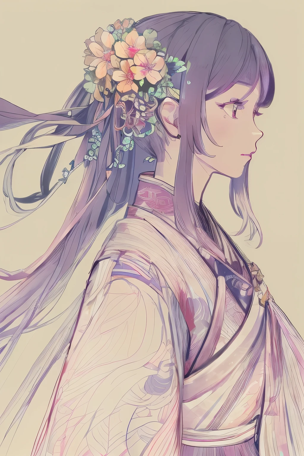 A picture of a woman with long hair，A flower stuck in his hair, 美丽的line art, clean line art, perfect line art, line art behance hd, extremely fine ink line art, 精美的line art, hyper 详细的line art, intricate line art, line art, 详细的line art, bold line art, flowing hair and long robes