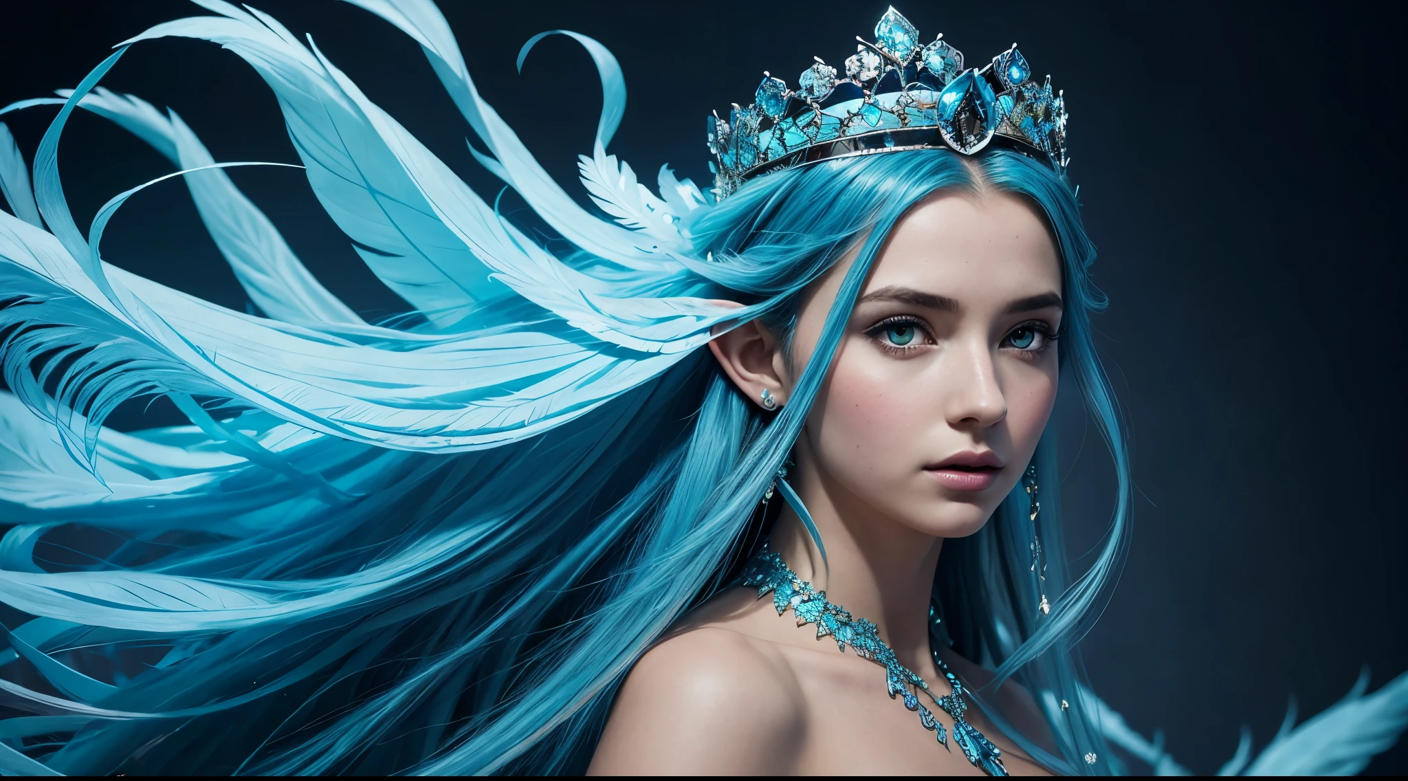 arafed woman with a crown of feathers and a blue background, beautiful fantasy art portrait, elegant elf queen, fantasy art behance, ethereal fantasy, a stunning young ethereal figure, magical young girl, 135mm, Canon, UHD, masterpiece, anatomically correct, high quality