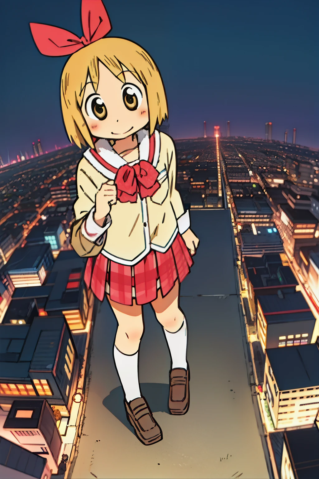 (Haruna Annaka), Blonde, Short hair, olive colored eyes, a large red ribbon on your head, High school students, (a beautiful painting), blush, Detailed background, full body, school uniform, ((happy)), flat chest, looking at viewer, city at night, ((1girl)), solo