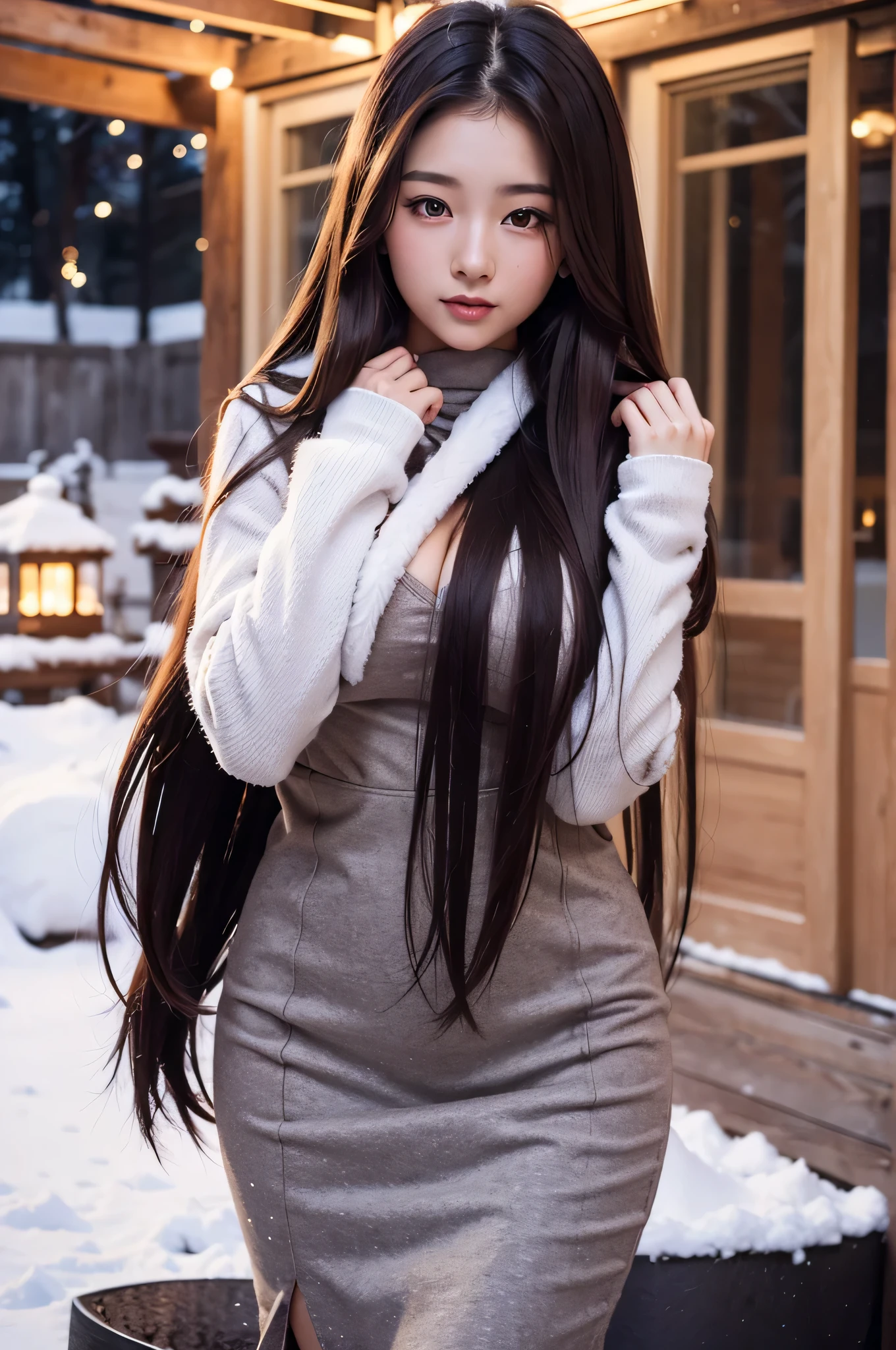 Asian girl, long straight brown hair, posing, winter theme, winter outfit, winter colors, large breasts