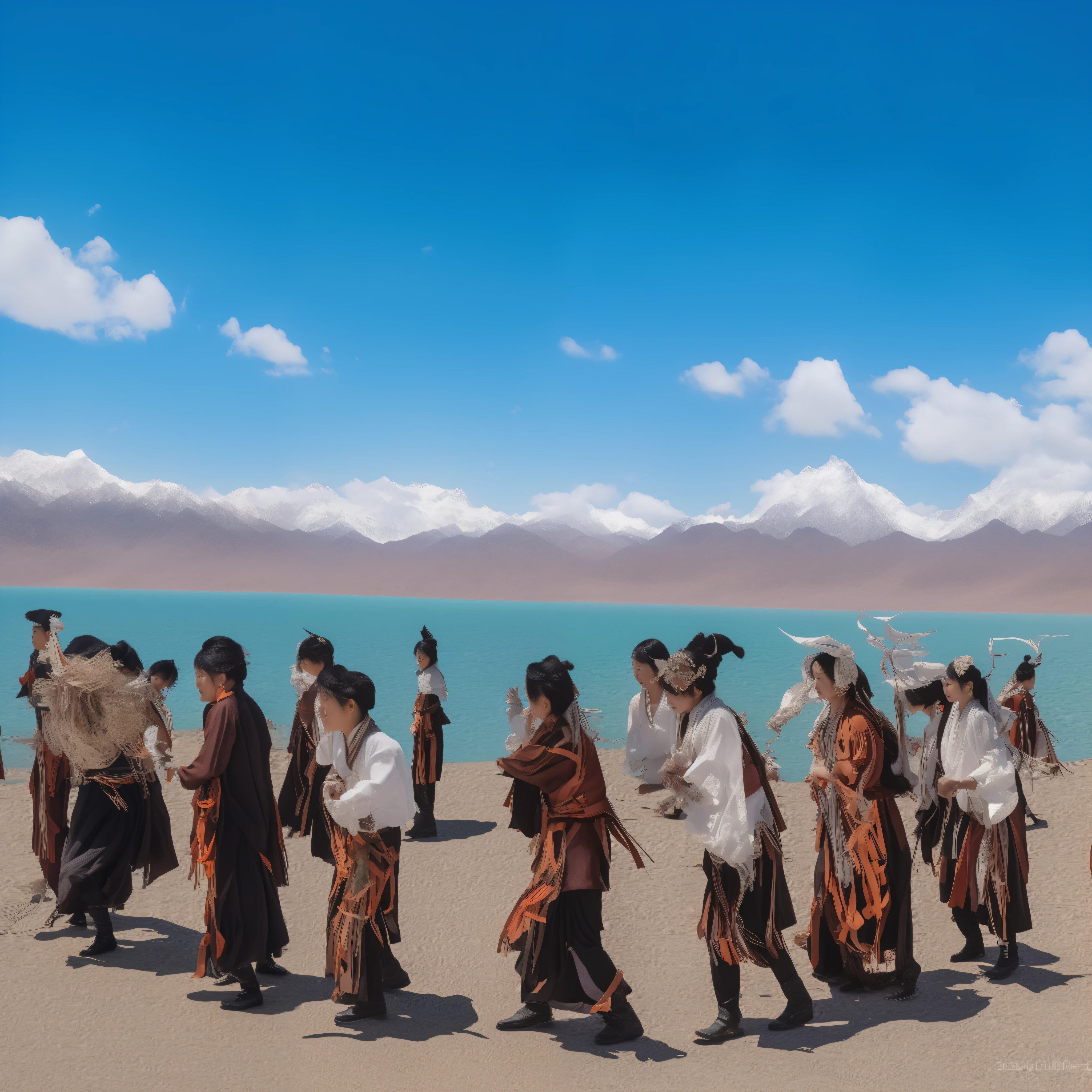 穿着traditional garb的人们在湖前跳舞,Mountains are the background, , Tribal dance, Mongolia, Local people chased the attack, People dance in background, People dance, 藏族骷髅Khufu, Sci-fi fashion, chinese ribbon dance, author:Deere Damello, Khufu, traditional garb, year 2447, Shanti Himalayas