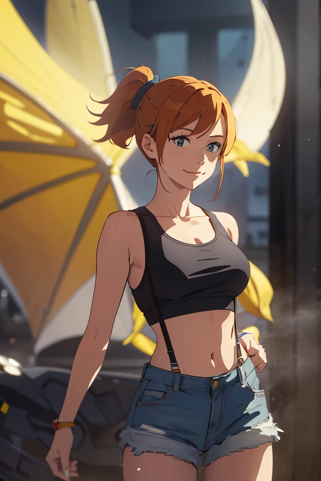 The centerpiece of the image is Misty from Pokémon, standing outdoors with a confident smile. Orange hair styled in a side ponytail, wearing denim shorts with suspenders, yellow crop top that shows off her midriff and navel. Yellow tank top. Cowboy shot posture exudes confidence and strength.

Misty is accompanied by a cute Dragon.

Overall, the image is a masterpiece, with high-quality details and a realistic rendering of Misty, her outfit, and her companion dragon. The colors are vivid and eye-catching, and the image is high-resolution, capturing every nuance of Misty's confident and adventurous spirit.