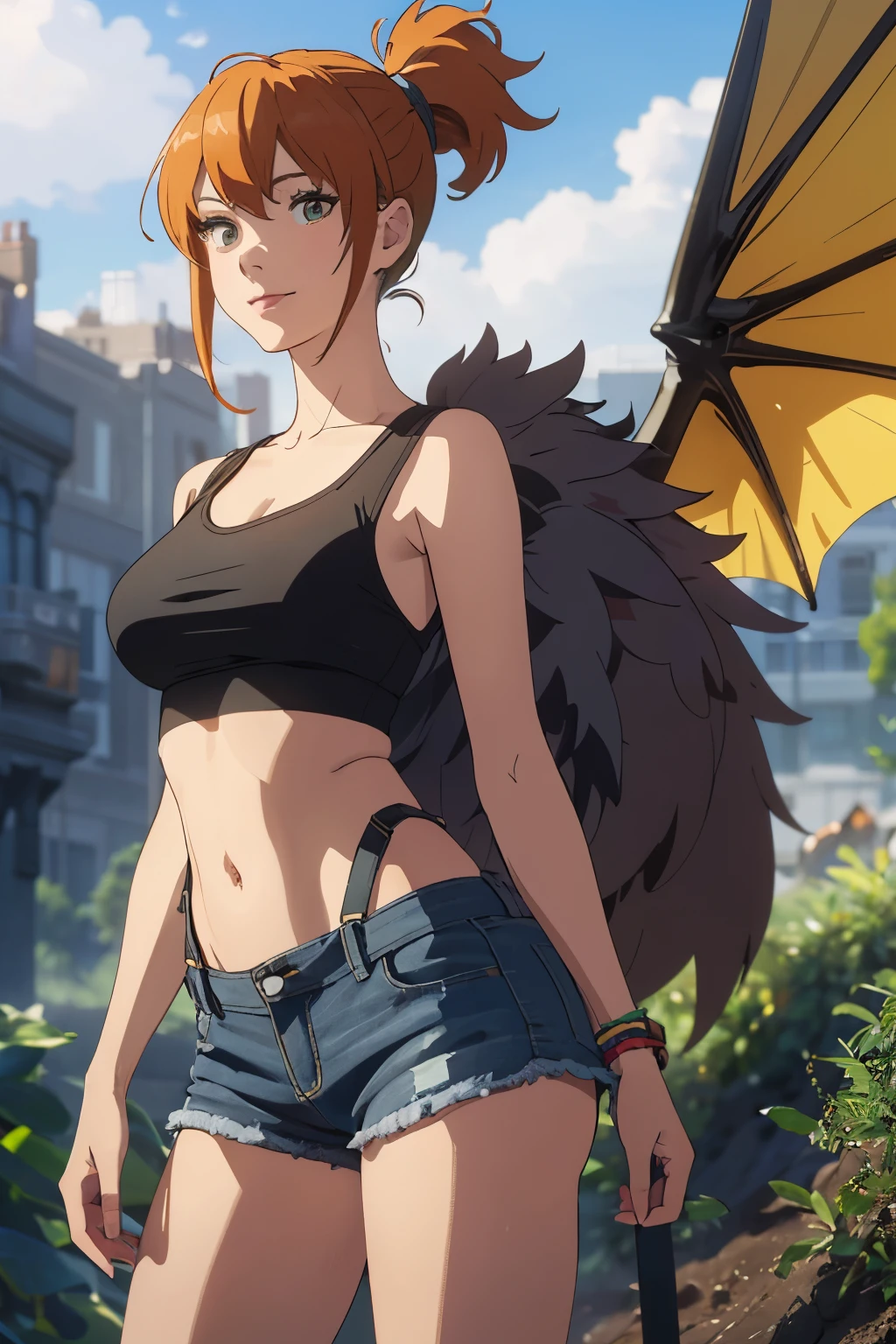 The centerpiece of the image is Misty from Pokémon, standing outdoors with a confident smile. Orange hair styled in a side ponytail, wearing denim shorts with suspenders, yellow crop top that shows off her midriff and navel. Yellow tank top. Cowboy shot posture exudes confidence and strength.

Misty is accompanied by a cute Dragon.

Overall, the image is a masterpiece, with high-quality details and a realistic rendering of Misty, her outfit, and her companion dragon. The colors are vivid and eye-catching, and the image is high-resolution, capturing every nuance of Misty's confident and adventurous spirit.