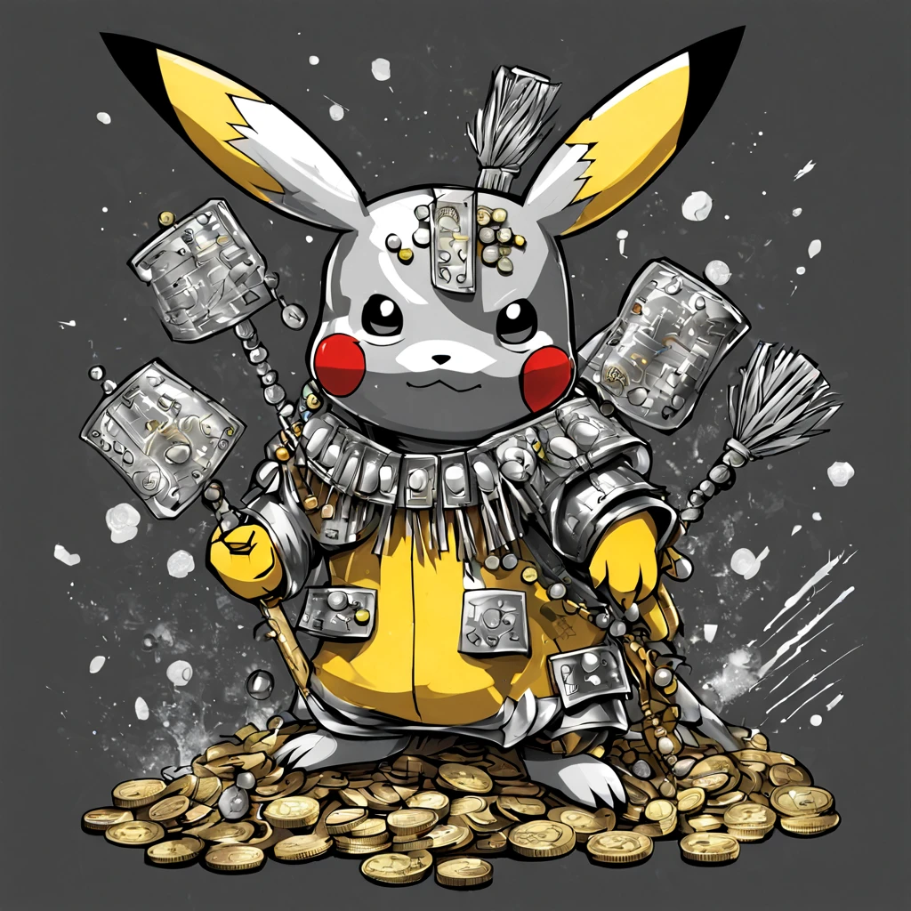 Pikachu covered in silver coin armor and holding a silver abacus staff with dark silver markings and beads and white tassels, in graffiti art style