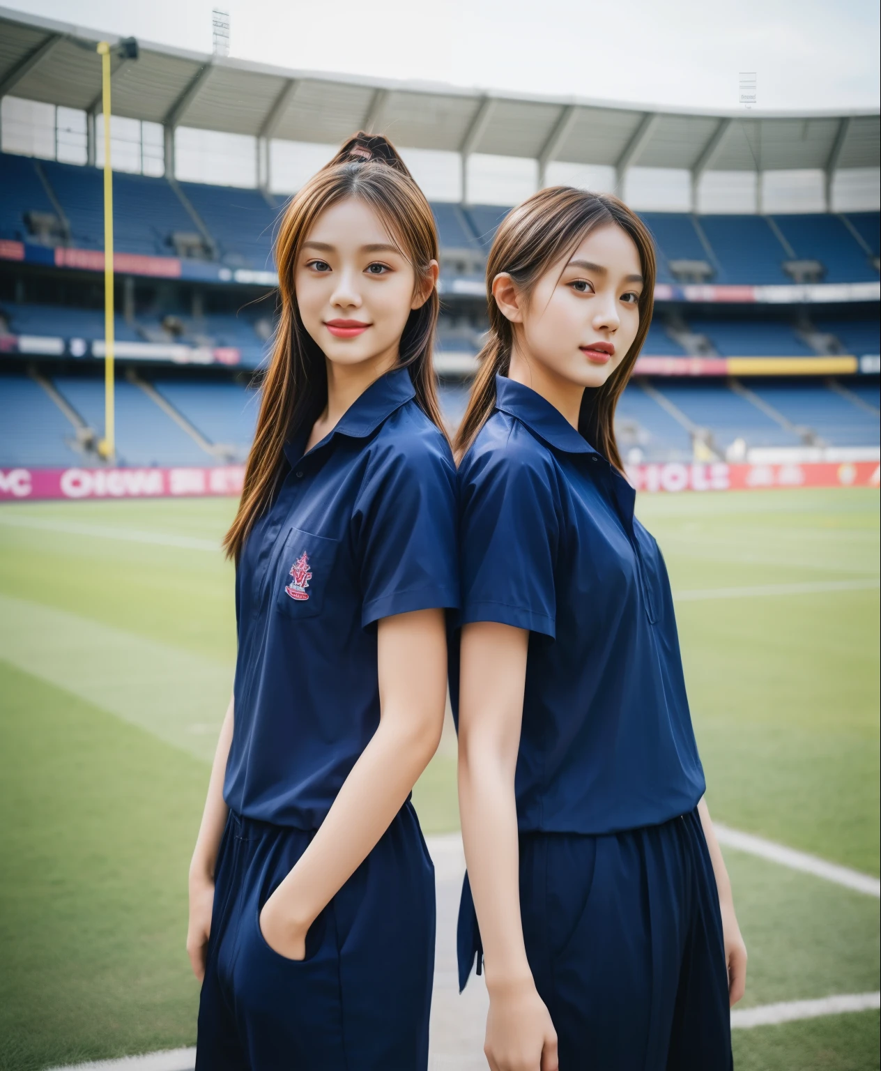 (bestquality,10,10,highres,masterpiece:1.2),ultra-detail,(Realistic,ภาพRealistic,photo-realistic:1.37),1 Cute girl in the football field,oily shiny skin,bara,light smile,BDclothelue shirt:1.3)),short sleeves,shirt, trousers.,(navy_long_ติดตามtrousers:1.1), ((Stadium Background:1.3)),dynamic angle,excited,face focus,Dynamic Poses,from behide,Ass Focus,masterpiece, bestquality, ultra realistic, hyper-detail, 8k resolution, RAW photo, crisp focus, ((Navy blue shirt:1.1)), short sleeves, เส้นทางlong, Complete bodyแบบ, 2 mature women, 18yo, cinematic light,trousersวอร์มสีน้ําเงิน,Gymware,Correct anatomy,Complete body, Correct body, sharp face, Correct bodyทางกายวิภาค, full entire body, Realistic gestures, long-haired, Realistic poses,Wear long shorts...........................................,ช่วงขาlong,Shapely,Sculpting Girl, Slender Figure, mannequin mannequins, Shapely, Beautiful body,trousersวอร์มสีน้ําเงิน, Two girls kissing