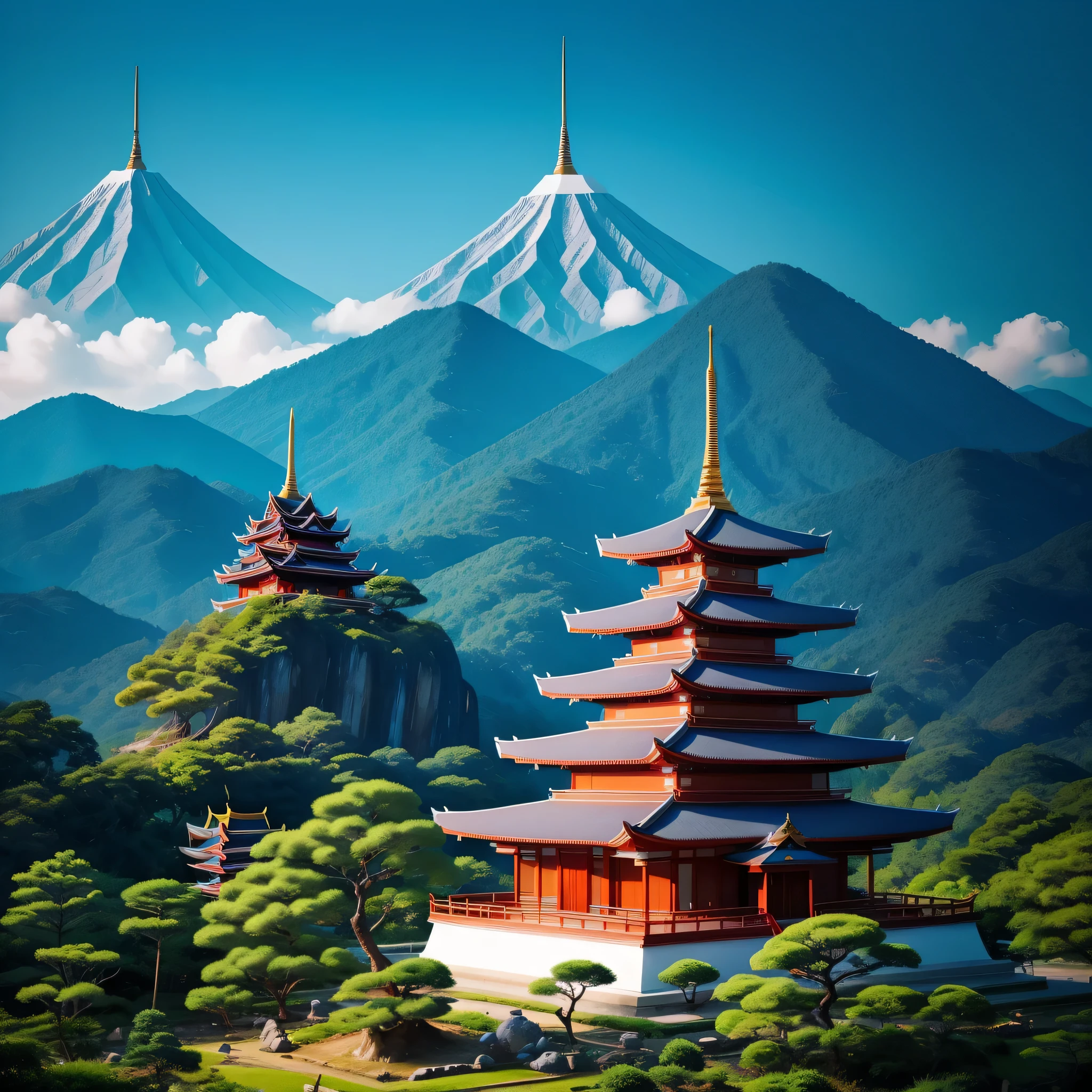 A temple in Thailand depending on the montagne. Couleur rose et bleu. Ambiance japonaise. manga. zero. Asie. Arbre rose. Ceuriser du Japon. Temple Bouddhiste. Bouddha.