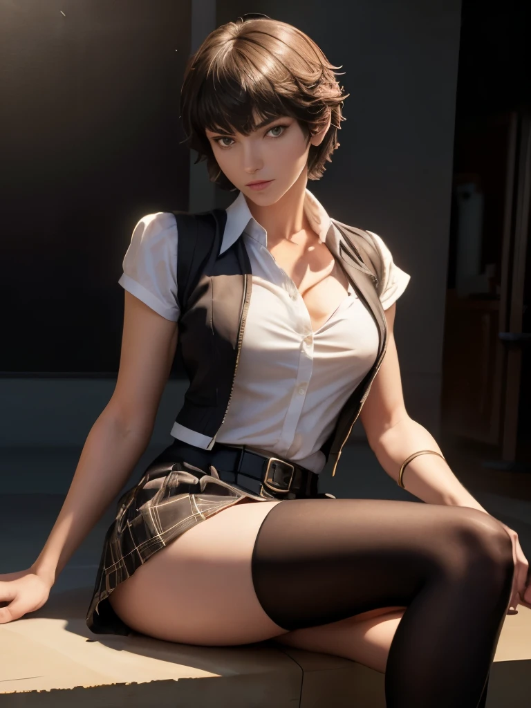 Full body image, Persona 5 Makoto Niijima, Very very short black hair (short hair 1.6), narrow face, Narrow Eyes, Double eyelids, Wearing a plaid skirt, black stockings, white polo shirt, vest, light brown boots, Looking at Viewer, (Detailed Face), sitting (sitting 1.4), Bust, Long Legs, Thin Waist, Buttocks, Ultra Fine Makeup, ultra fine clothes, beautiful attractive woman, highly detailed, (Realistic lighting, Top Quality, 8K, Masterpiece: 1.3)),(High Resolution), (8K), (Very Detailed), (Best Quality), (Ultra Detailed), (Masterpiece), ultra high resolution, (photorealism: 1.4)
