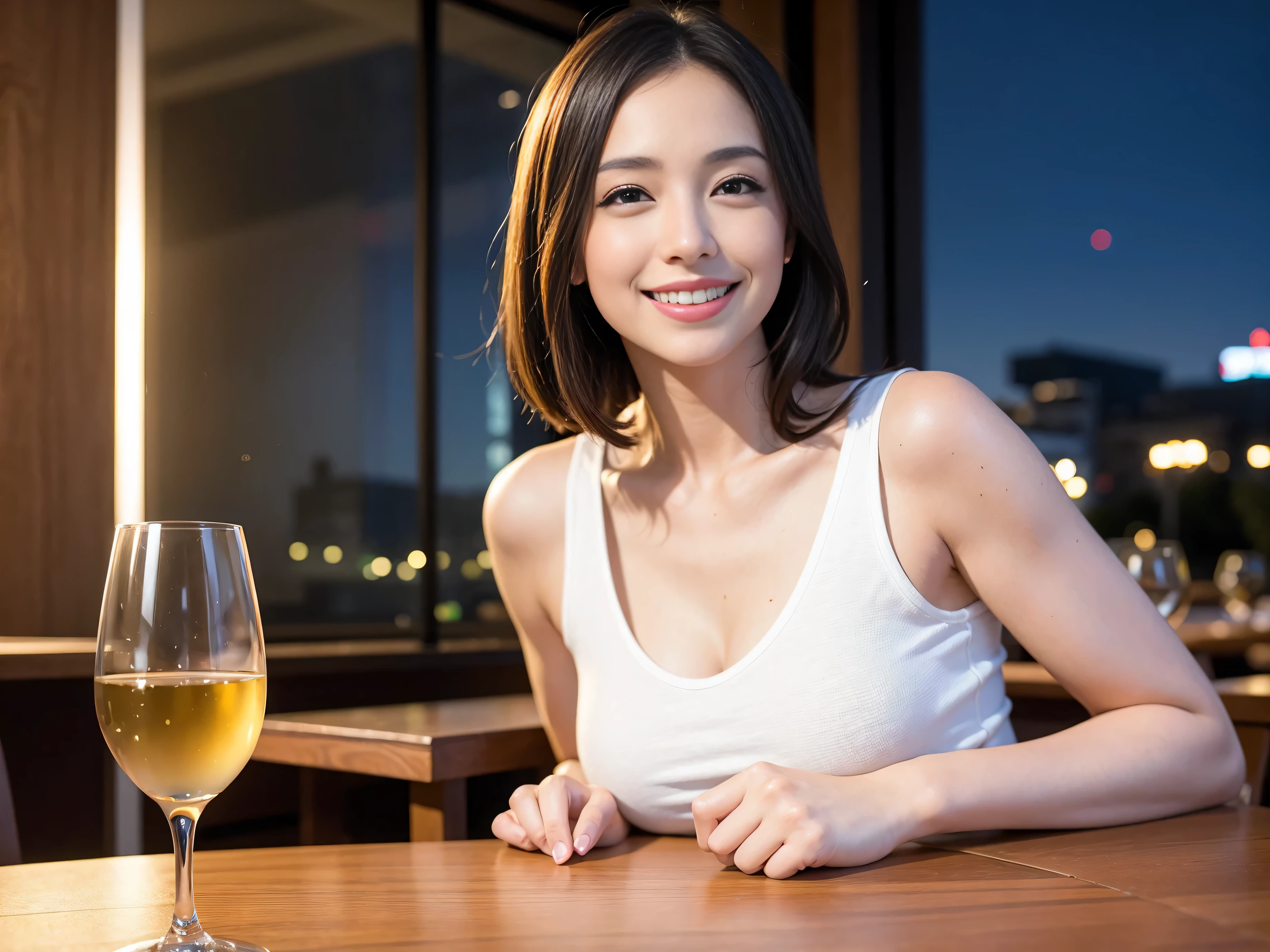 (64k uhd, nffsw, of the highest quality, masutepiece: 1.2), (Realistic, photoRealistic: 1.37), 1 pretty woman, (Slim Face), (slimボティ), (Brown hair), (short-cut), cheeks blush a little, (35 years old), 38 years, Solo, A beautiful and detailed night view spreads out outside the window.., restaurant, wine glassesが座っている, At night, In a prominent place (from waist up) NovaFrogStyle, actress, Model, waist-up, white wine, slim, wine glasses, Super Clean Night View, wine glasses Put in the Middle, Happy Smile, (Smile: 1.15), Beautiful fine eyes, Upper body, Bust Japan Up, Night, Short, Short, actress, Model, waist-up, white wine, slim, wine glasses, Super Clean Night View, wine glasses Put in the Middle, Happy Smile,
