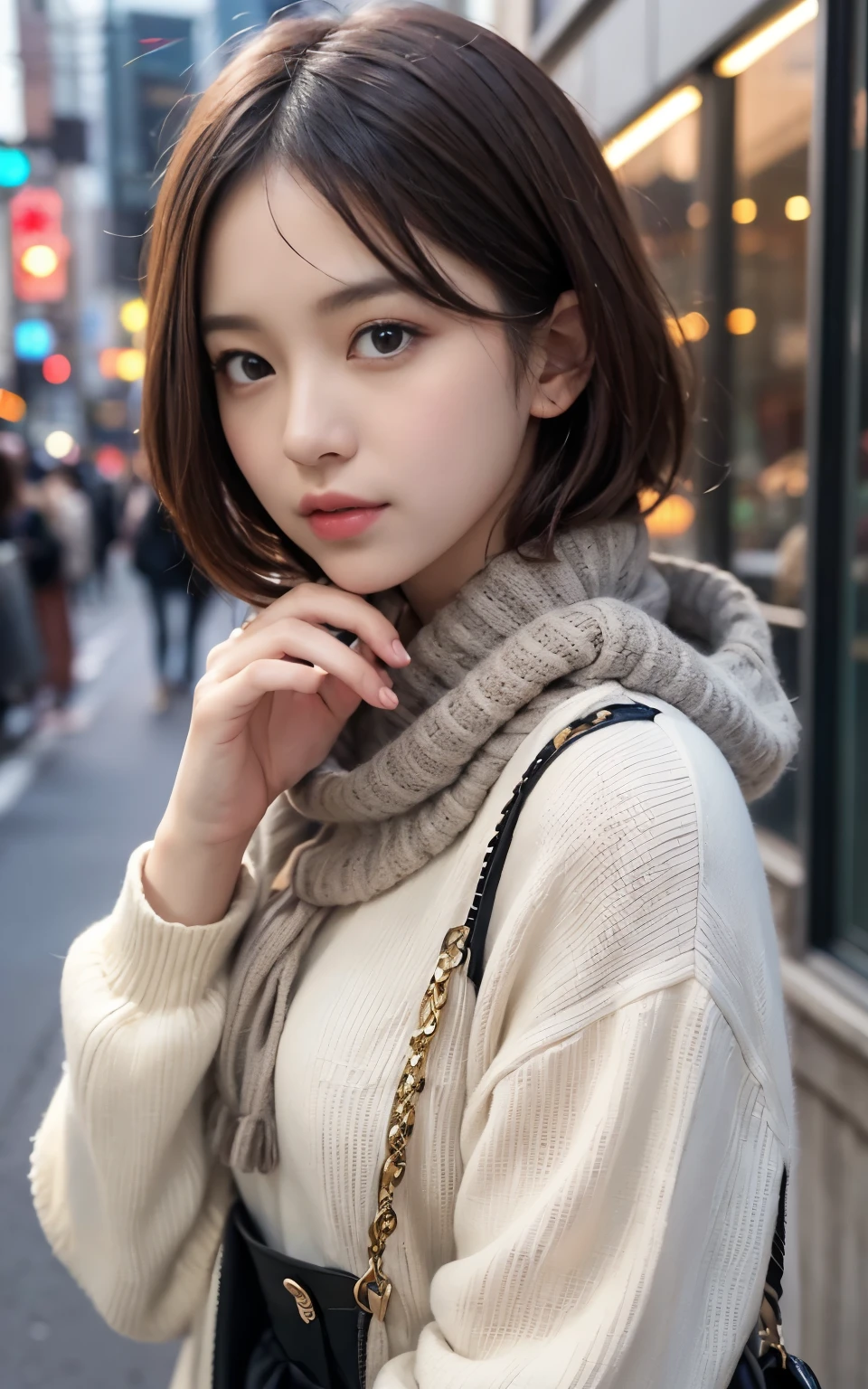 Cute 21 years old Japan、early evening、shopping、Super Detail Face、Eye of Detail、二重まぶた、beautiful thin nose、foco nítido:1.2、prety woman:1.4、(light brown hair,short cut hair, White skin、top-quality、发光、masterpiece、超A high resolution、(Photorealsitic:1.4)、cute fancy winter clothes、colorful muffler、