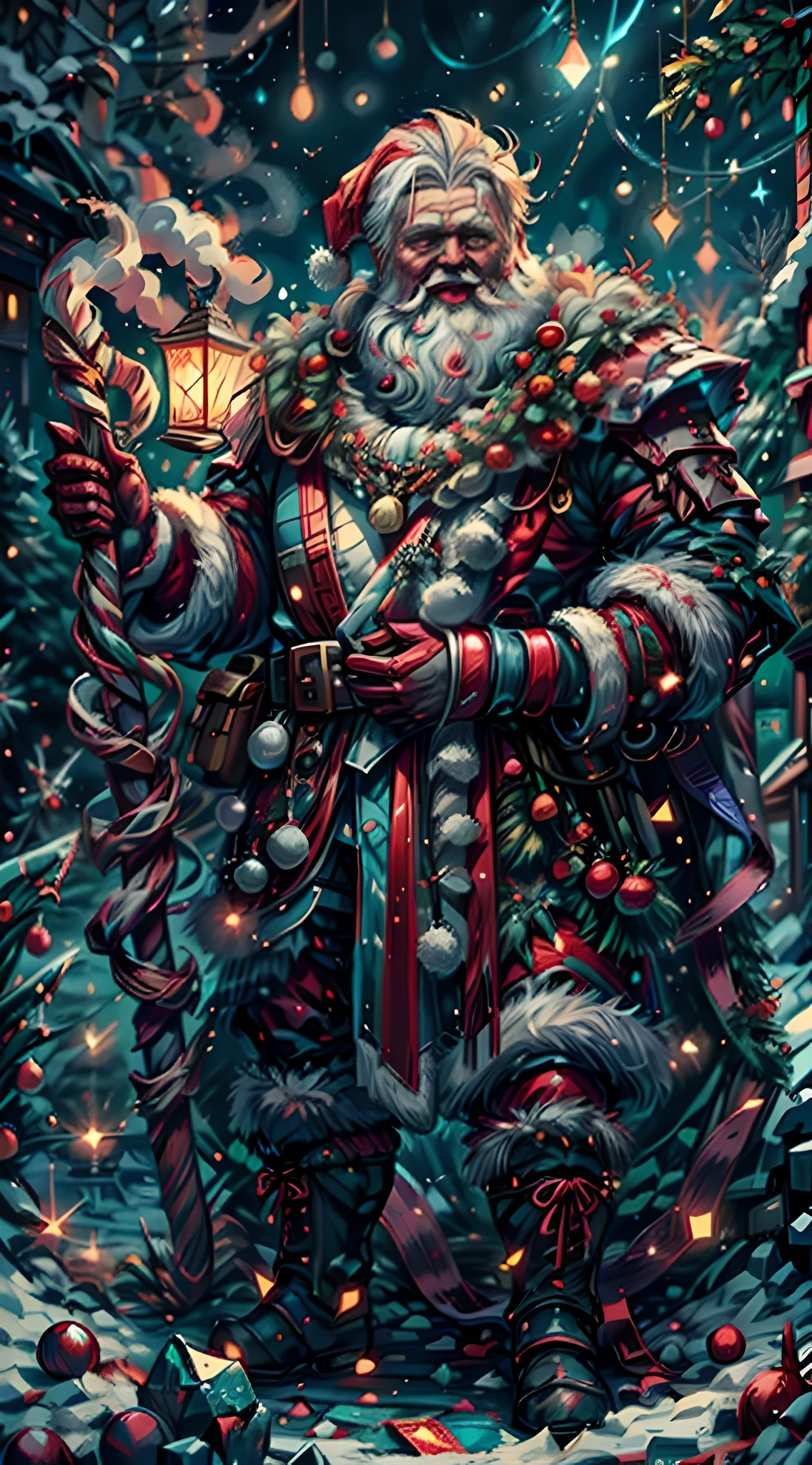 (best quality,4k,8k,highres,masterpiece:1.2),ultra-detailed,(realistic,photorealistic,photo-realistic:1.37),Santa Claus as a boss of the game Dark Soul in the Christmas DLC, (muscular), (holding a giant candy cane), Santa suit mixed with fantasy Dark Soul armor, detailed face with a long white beard, intense eyes glowing with a magical light, sinister smile, realistic shadows and highlights, eerie dark ambiance, vibrant colors, intricate details on the armor, unique combination of Christmas and dark fantasy elements, captivating and dynamic composition, epic and intimidating presence, glowing runes on the armor, intricate ornaments on the Christmas tree, ethereal glow surrounding Santa Claus, majestic and powerful, ready to bring joy and despair to the game's players,,surrounded by a snowy landscape,with large icicles hanging from the environment,casting a golden aura,[epic battle scene],intense fire and smoke effects,[vivid colorokeh],blue and white color scheme with hints of gold, dramatic lighting with warm highlights and cool shadows.