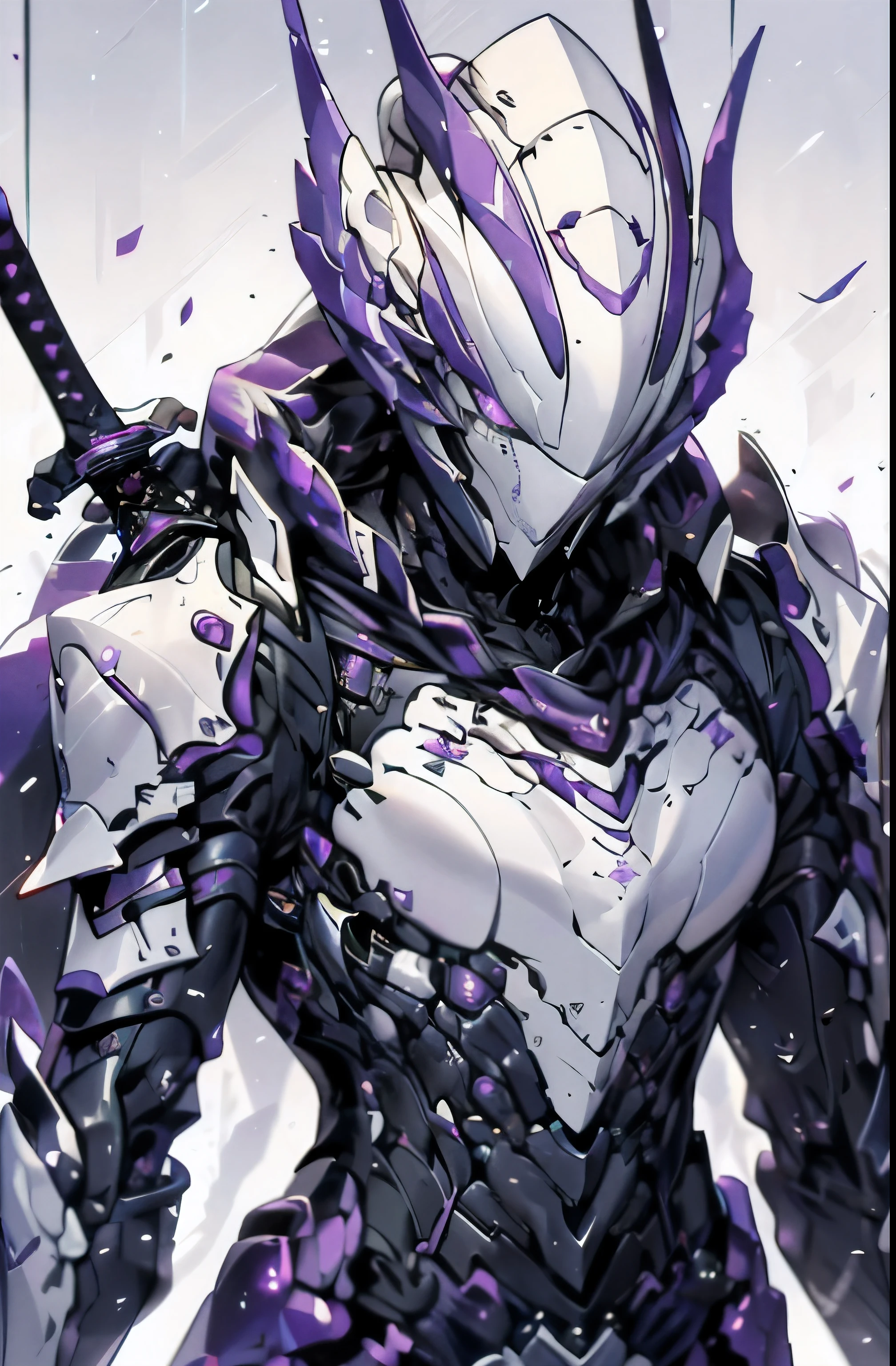 a close up of a person holding a sword and a sword, stunning armor, beautiful armor, Fantasy armor, epic armor, Complex assassin armor, Silver and purple reflective armor, very stylish Fantasy armor, detailed Fantasy armor, ornate armour, Complex fractal armor, shinning armor, sleek glowing armor, demon armor, Complex armor, elegant armor, Purple crystal armor，purple crystal glow