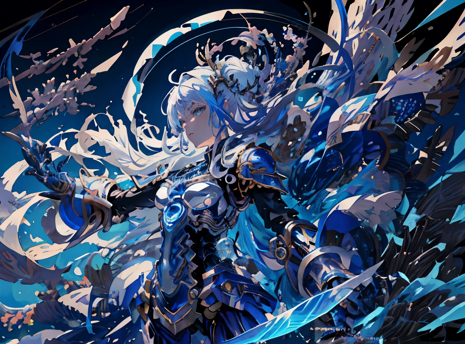 Woman with white hair and sword in front of blue background, best anime 4k konachan wallpaper, anime fantasy artwork, detailed anime artwork, mechanized valkyrie girl, Detailed Digital Anime Art, anime art wallpaper 4k, anime art wallpaper 4k, detailed anime art, Anime art wallpaper 8k, Detailed key anime art, anime robotic mixed with organic