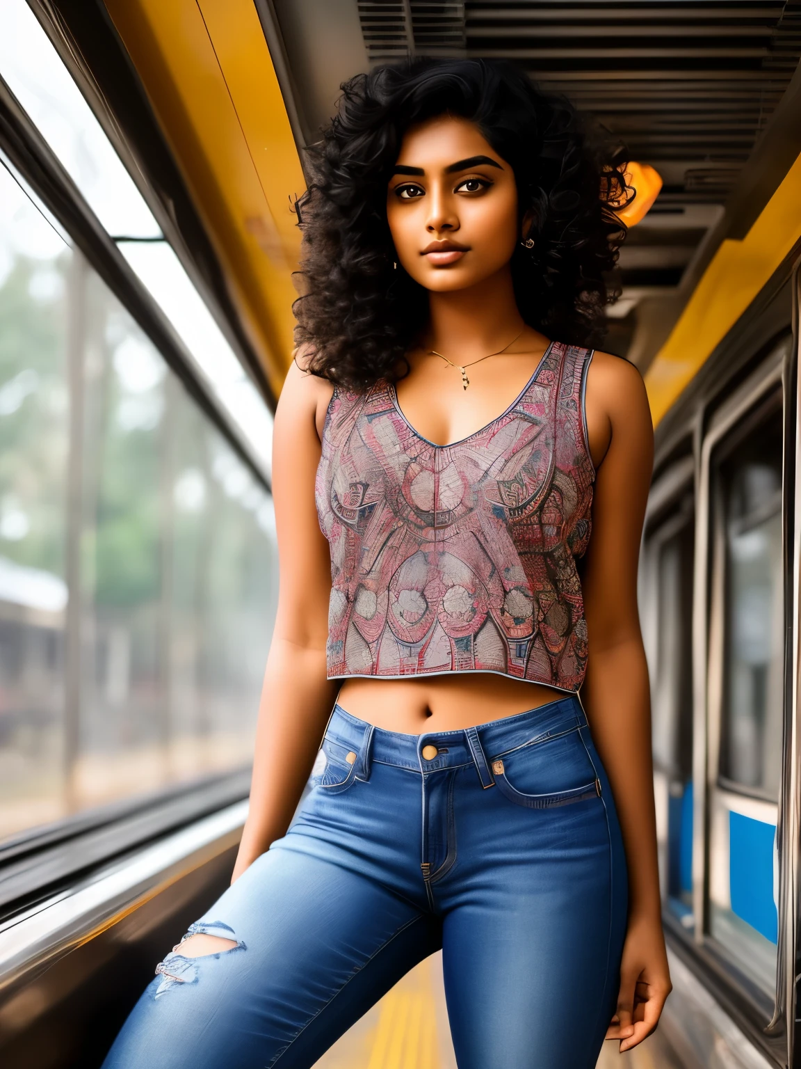 Tamil girl, 23 year old, beautiful gorgeous face, eyes symmetry, face symmetry, look at viewer, (wearing:1.6 tank top, jeans), 1980s style, inside a train, intricate, sharp focus, sun kissed, professional photography, masterpiece, hyper detailed, high quality, HDR, 64K