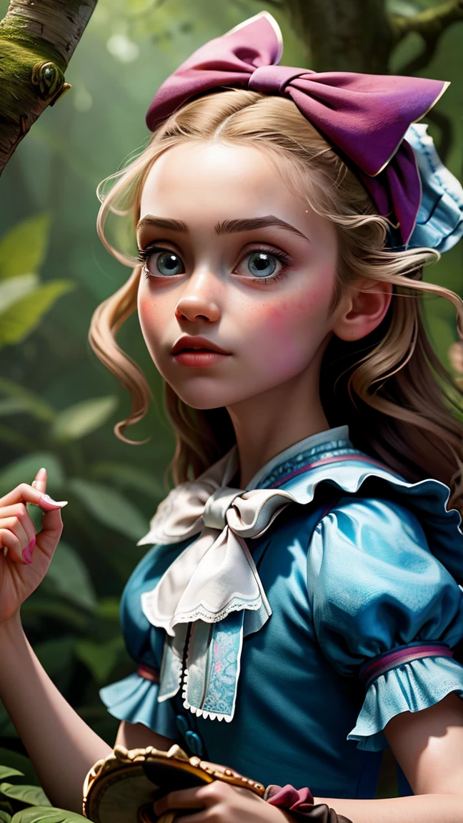 1girl, masterpiece, best quality, 8k, detailed skin texture, detailed cloth texture, beautiful detailed face, intricate details, ultra detailed, Alice in Wonderland, (a bow on her head:1.1), upper body