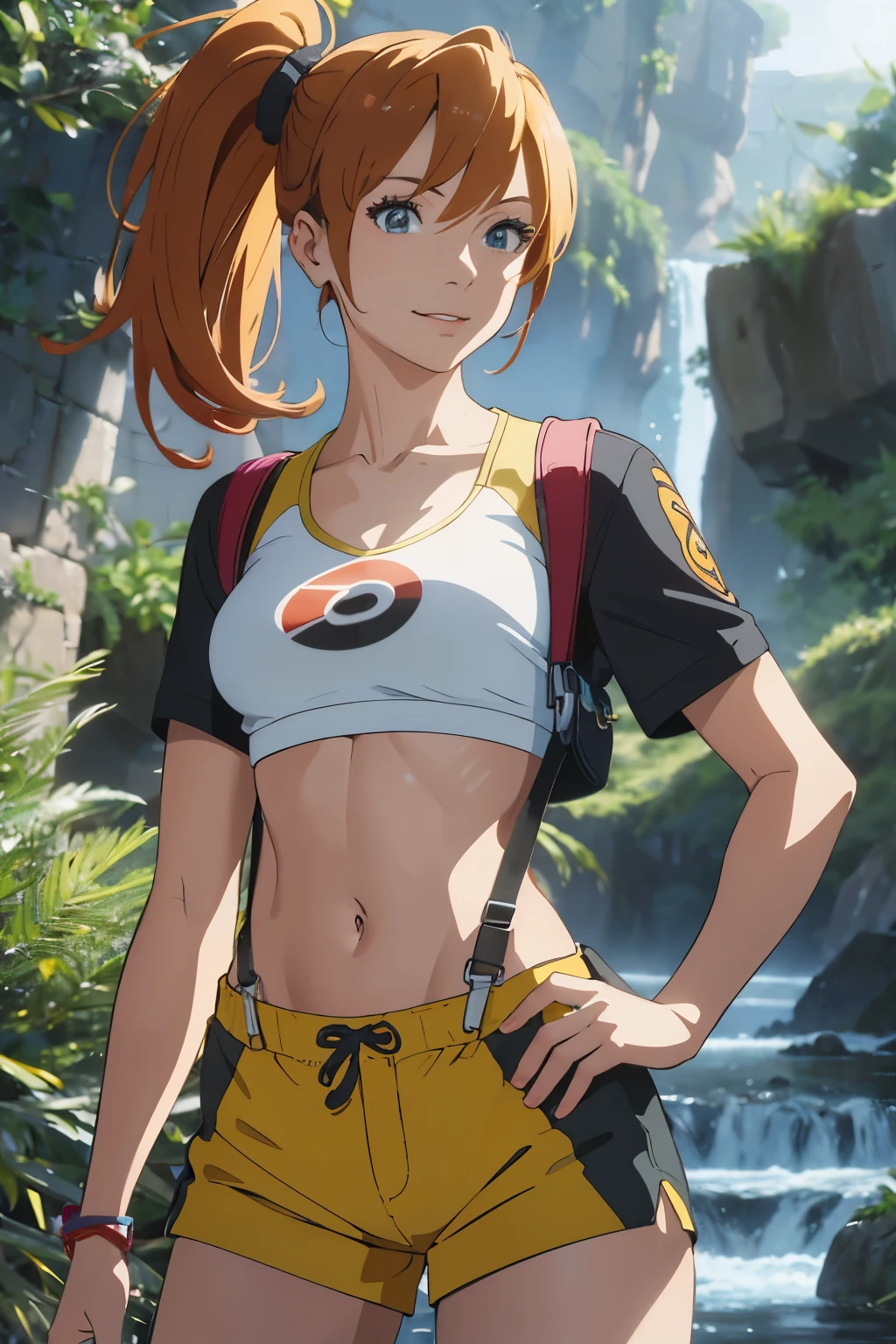 The centerpiece of the image is Misty from Pokémon, standing outdoors with a confident smile. Orange hair styled in a side ponytail, wearing denim shorts with suspenders, yellow crop top that shows off her midriff and navel. Yellow tank top. Cowboy shot posture exudes confidence and strength.

Misty is accompanied by a cute Dragon.

Overall, the image is a masterpiece, with high-quality details and a realistic rendering of Misty, her outfit, and her companion dragon. The colors are vivid and eye-catching, and the image is high-resolution, capturing every nuance of Misty's confident and adventurous spirit.