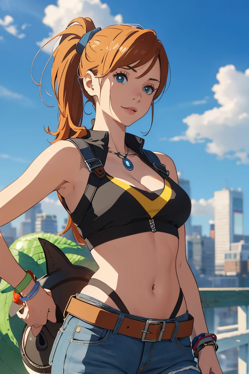 The centerpiece of the image is Misty from Pokémon, standing outdoors with a confident smile. Orange hair styled in a side ponytail, wearing denim shorts with suspenders, yellow crop top that shows off her midriff and navel. Yellow tank top. Cowboy shot posture exudes confidence and strength.

Misty is accompanied by a cute Dragon.

Overall, the image is a masterpiece, with high-quality details and a realistic rendering of Misty, her outfit, and her companion dragon. The colors are vivid and eye-catching, and the image is high-resolution, capturing every nuance of Misty's confident and adventurous spirit.
