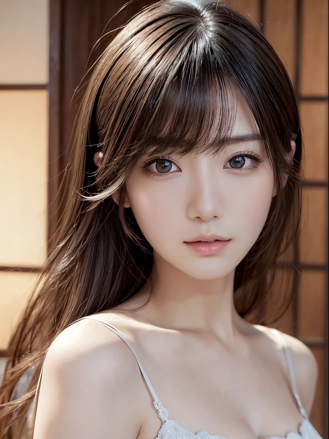 ​masterpiece、1 beautiful girl、detailed brown eyes、Puffy eyes、top-quality, 超hight resolution, (Realisticity: 1.4), cinematlic lighting、(japanes)、Asian Beauty、Super beauty、Medium hair、Beautiful skin、A slender、(Look at viewers)、(A hyper-realistic)、(hight resolution)、(8K)、(ighly detailed)、(beautifully detailed eyes)、(ultra-detailliert)、 (wall-)、A detailed face、Bright lighting、profetional lighting、