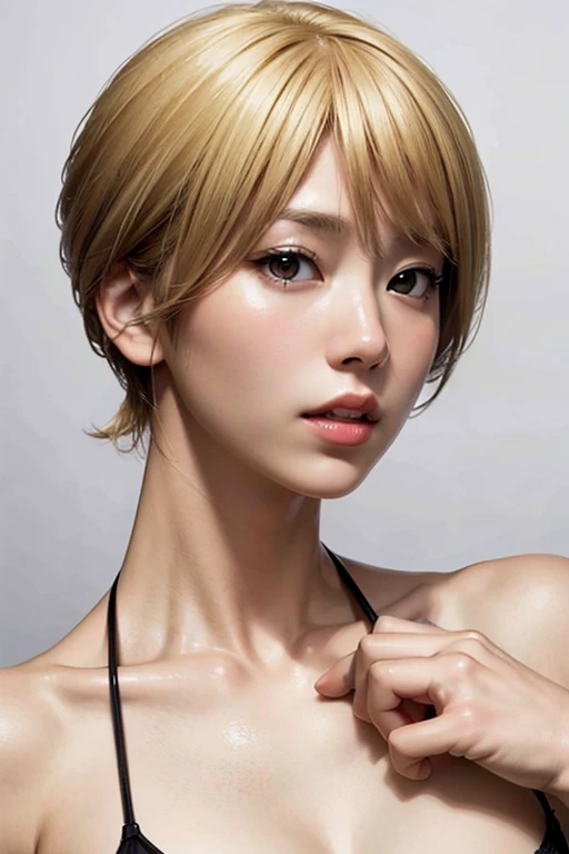 Masterpiece, Gwen Stacy, blonde hair, short hair, Detailed eyes, Beautiful face, light brown eyes, Focus on the face and chest., bare neck, bare shoulders, cow print bikini, Cross Halter. , from behind , swimming pool background , 10 , Beautiful clothing details , Highly detailed , HDR , perfect light , movie light.