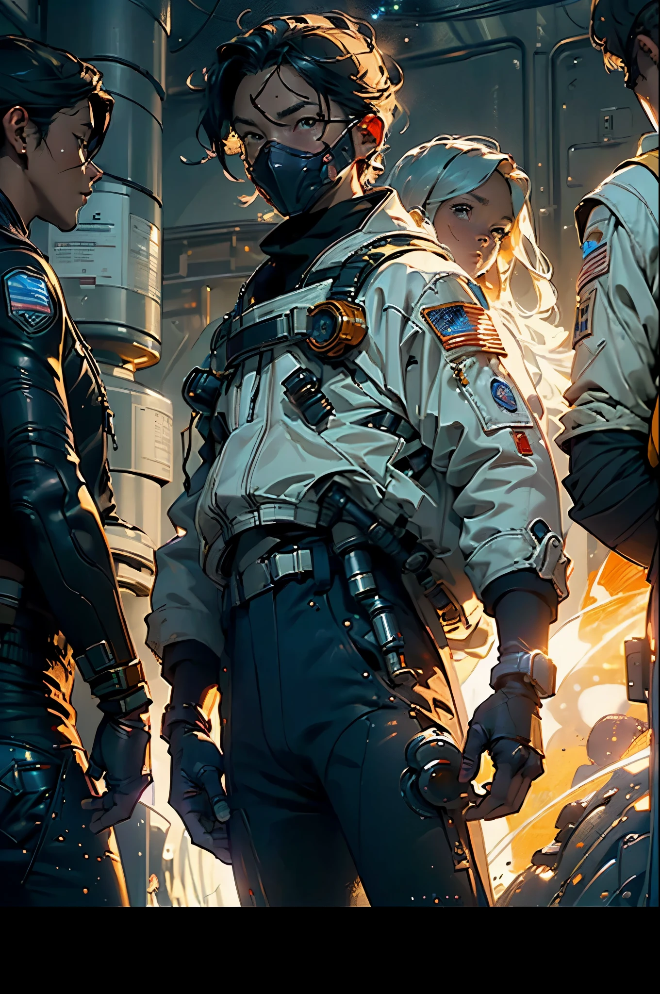 (((Three people ))) A group of astronauts enter the rocket, Ready to take off, (((Two men and one woman)), dark cloude, golden sun at sunset, A drizzle fell, Late afternoon. 4K, unreal-engine, Cinematic, High-quality images