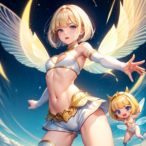 top-quality、flat chest, adult lady、Fairy, fighting poses、a blond、bob cuts、white wrestling costume、Shorts that show the base of your legs、Tops、Cleavage cutouts、navel cutout、elbow pad、knee pad