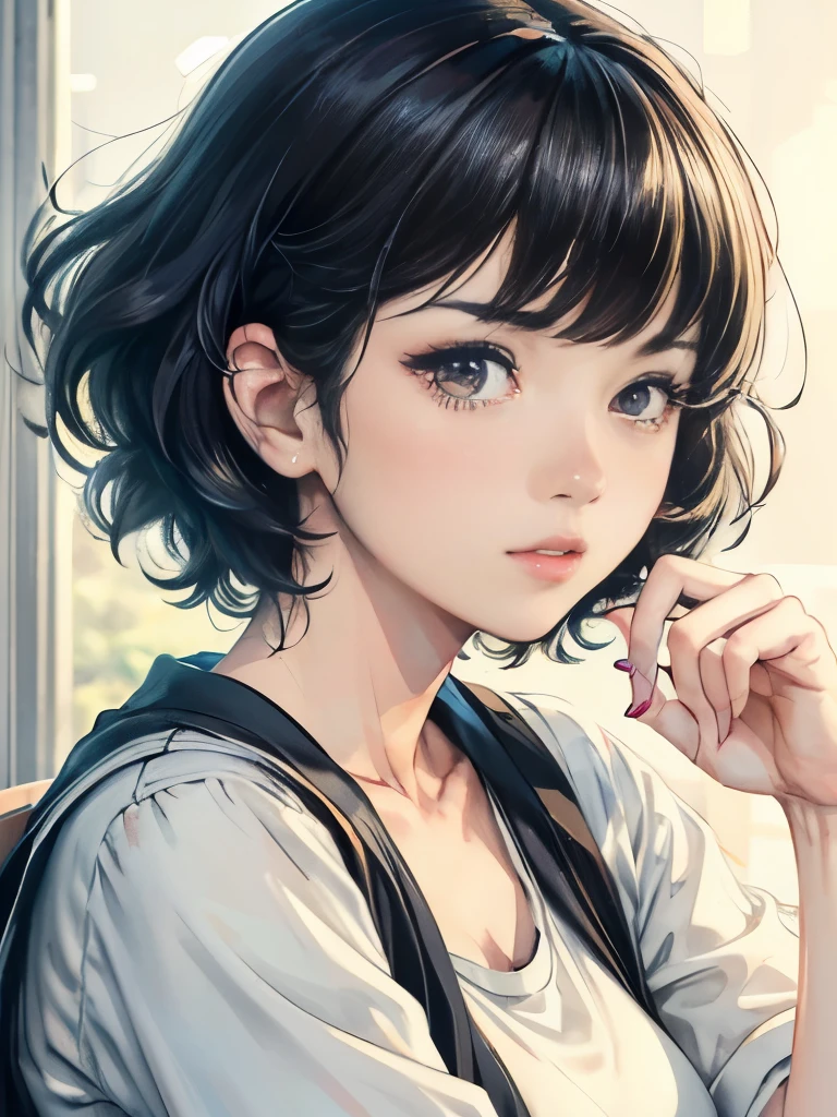 Persona 5 Sadayo Kawakami, A high resolution, (photographrealistic:1.4), ROW Photo,Mature face, Wearing a jeans skirt, yellow shirt with blue stripes, pumps, Looking at Viewer (high detailing, film photography, Soft Focus, soft shading, RAW candid cinema, Photorealism:1.2, Realistic, Photorealistic:1.4, analog style, Subsurface scattering, mastepiece, Best Quality, A hyper-realistic, 8K, 1woman, Face Focus, Beautiful skin, Beautiful face, Farsight, Cool、