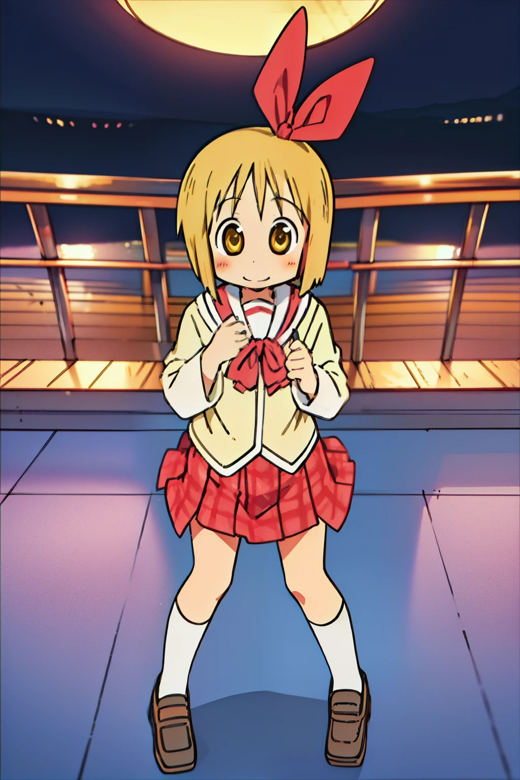 (Haruna Annaka), Blonde, Short hair, yellow eyes, a large red ribbon on your head, High school students, (a beautiful painting), blush, Detailed background, full body, school uniform, ((happy)), flat chest, looking at viewer, on a cruise ship, night, ((1girl)), solo