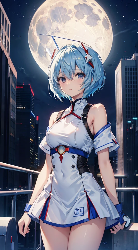 Lea Yabo，ayanami rei，blue short hair，with a good figure。themoon，In the city，Upper body diagram，ultraclear，8k，high-quality picture