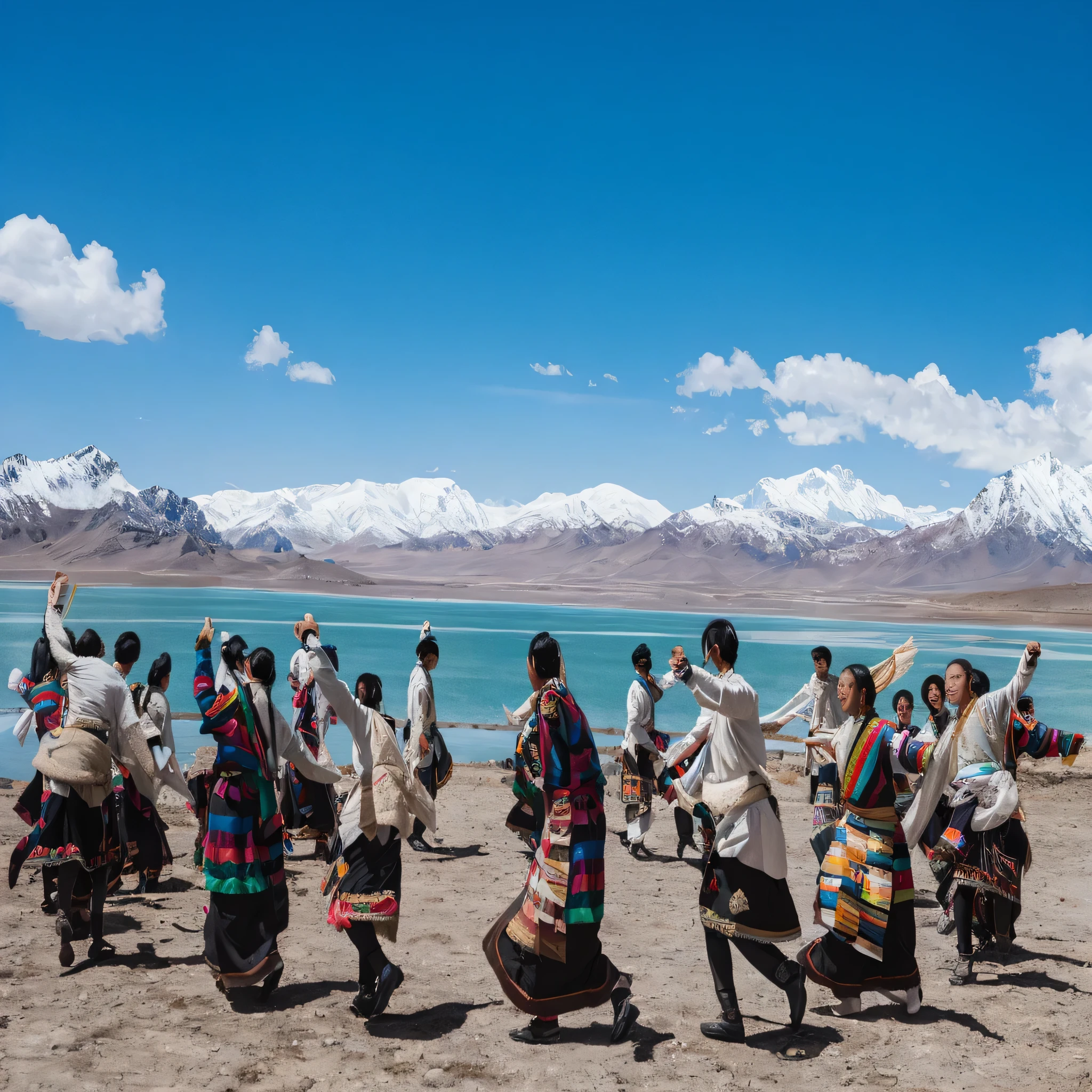 穿着traditional garb的人们在湖前跳舞，Mountains are the background, , Tribal dance, Mongolia, Local people chased the attack, People dance in background, People dance, 藏族骷髅Khufu, Sci-fi fashion, chinese ribbon dance, author：Deere Damello, Khufu, traditional garb, year 2447, Shanti Himalayas