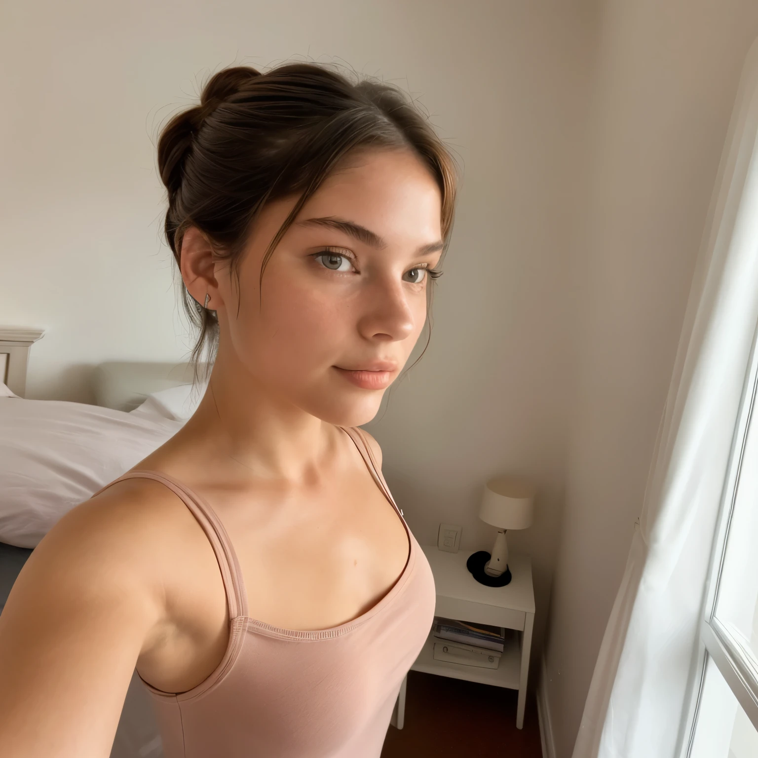 (Best quality, detailed eyes, high angle, closeup on face:1.2) selfie of CandelaGallo, she is wearing tight t-shirt , she is posing for selfie, she is wearing ascot, her hair is styled as low messy knot, BREAK she is (in the bedroom:1.1), silhouetted against the light, shot on Leica T, Leica colors, tone,shallow depth of field,vignetting, Voigtlnder Nokton 50mm f1.1 ,