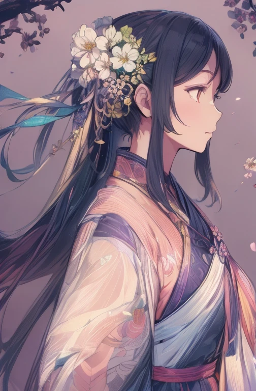 detailed falling flowers petals background, 1girl, detailed Colorful clothing, detailed Colorful hair ornaments, BREAK, fantasy art, Dreamscape, dreamy, hierarchical form, Gradient of color, Soft color palette, detailed manga style, (best quality, masterpiece, Representative work, official art, Professional, unity 8k wallpaper:1.3)