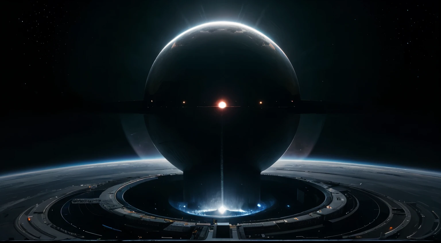 Intergalactic base, in the orbit of a supermassive black hole with a beautiful accretion disk, una base similar a una esfera de Dyson, Futuristic, all-metal base, In the vacuum of space.