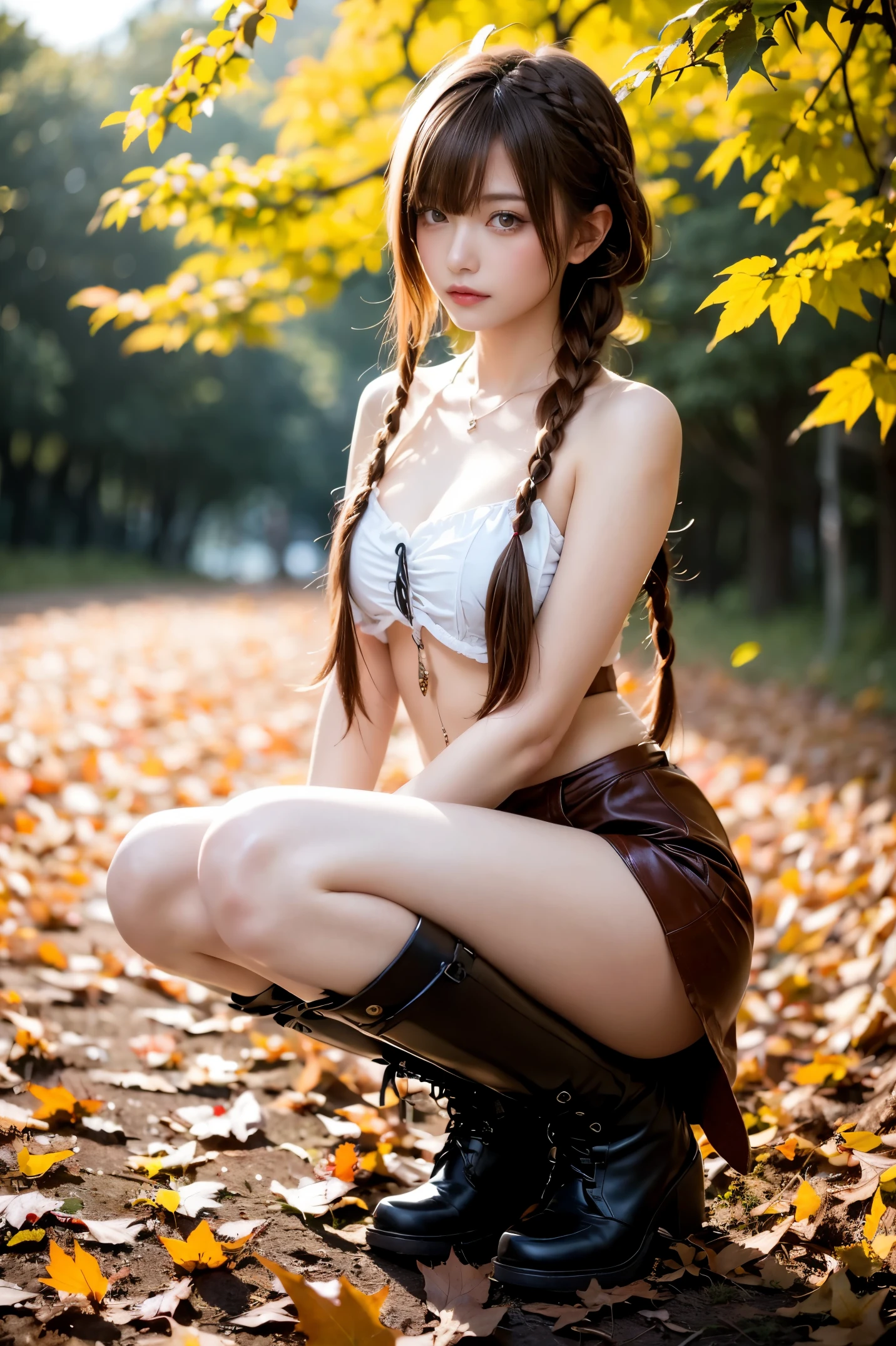 8K分辨率, Ultra-high-definition CG images, Autumn leaves at night🍁, Moonlight, Long Focus, 1girl in, 20yr old, detailed beautiful faces, (bangs braid, bronze:1.4), (stop hair:1.4), (Autumn coordination), a miniskirt, long boots, variation color, Pointed chest, Beautiful chest line, Pendants, Detailed beautiful eyes, bright red autumn leaves, Maple tunnel, depth of fields, absurderes, 24K Graphic Arts, Carefully drawn background, Composition with depth,