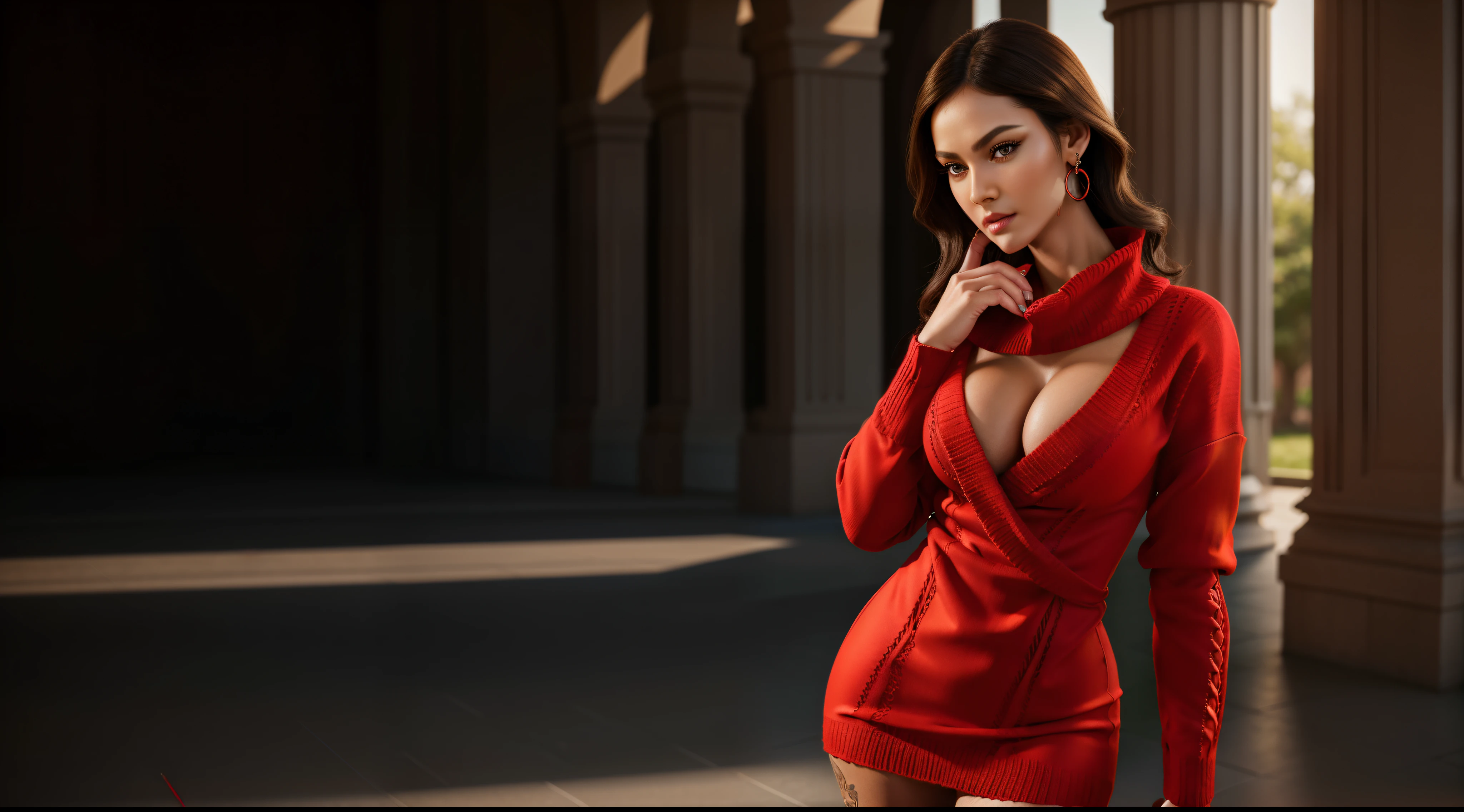 ((a badass girl (stand:1.2) (alone:1.6))),((full-body:1.4, cinematic-shot)),(best quality,4k,8k,highres,masterpiece:1.2),ultra-detailed,(realistic,photorealistic,photo-realistic:1.37),(beautiful and aesthetic:1.2),(film grain:1.3).

[(1girl),(solo),((1 person)),(17years-old),[Raiana-Elizabeth-Dilla],pearl skin,(skin pores:1.1),beautiful detailed eyes,beautiful detailed lips,extremely detailed eyes,longeyelashes,extremely detailed face and skin texture,(skin texture:1.1),black hair,tall and slender body,(192cm tall),thin and delicate figure,graceful posture,flawless skin,defined abs,perfect curves,feminine appearance,beautiful long legs,embodying elegance and beauty,(cleavage breasts,large breasts:1.4),((wearing a sexy ((red) sweater minidress):1.4)),extremely detailed and realistic (red) clothes,(shiny skin),((sharp focus:1.5)),(earringeathers:1.5)].

[fierce attitude, powerful gaze, confident expression, edgy fashion style, punk long-haircut, strong physique, tattoos, piercing eyes, studded gloves, high-heeled boots, smoking,  backdrop, dramatic lighting, vibrant colors].

Official art,extremely detailed,Angelic ethereal beauty,award-winning photography,professional photography,depth-of-field,bokeh.