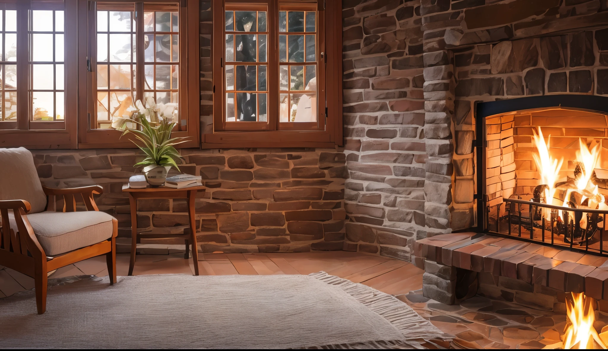 As you step into this warm room, you will find yourself enveloped in a sense of tranquility and coziness. The fireplace emits a warm glow, and soft blankets are neatly placed on the comfortable sofa, inviting you to sit down and relax. Outside the window, snowflakes gently drift down, swirling around and casting a dreamy veil over the entire space. This is a quiet and serene place, offering an escape from the hustle and bustle, allowing you to experience the unique warmth and tranquility of winter --auto --s2