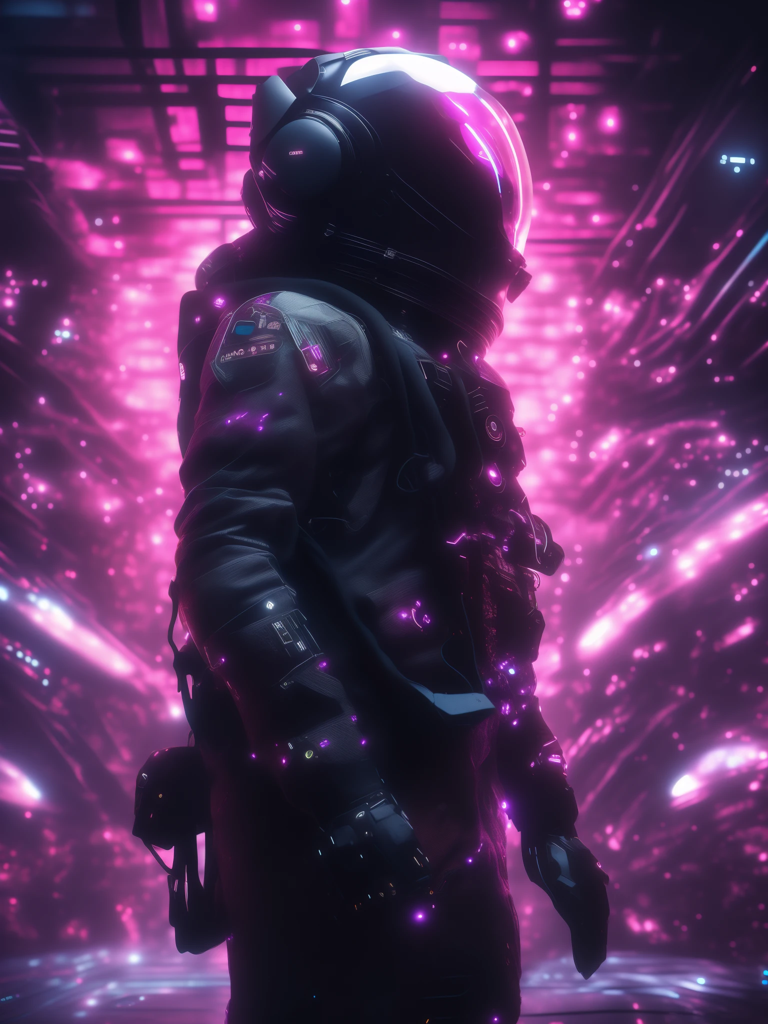 One in a spacesuit、Close-up of a man in a helmet, astronaut cyberpunk electric, beeple&#39;s hybrid style, Bee style, Dark cyberpunk neon vibe, beeple style, artem demura beeple, cyberpunk artstyle, 3d rendering beeple, cyberpunk soldier, cyberpunk futuristic neon, cyberpunk atmosphere