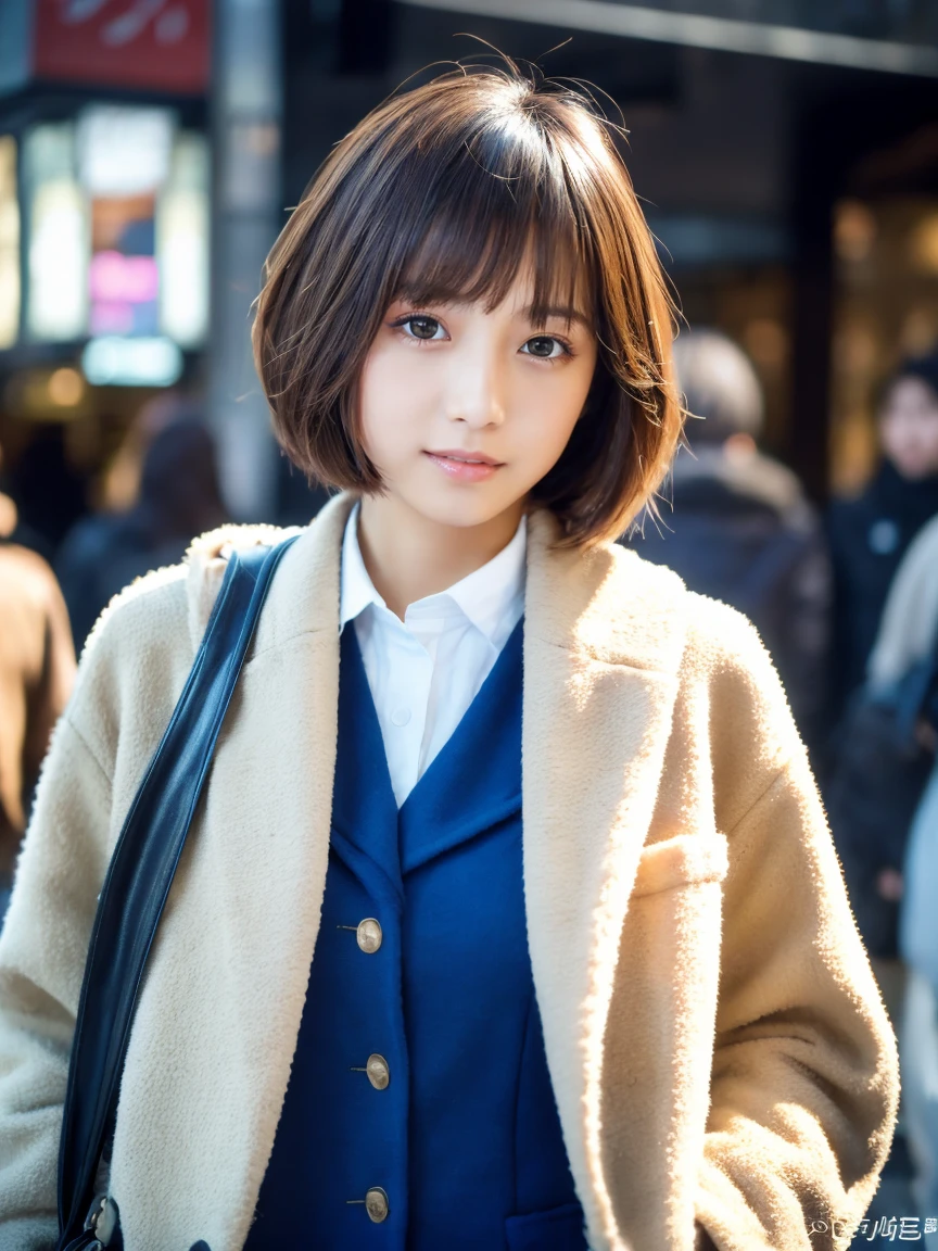 Jun Hasegawa、Shorthair、超A high resolution、(Photorealsitic:1.4)、1人, coat、Dynamic Pose、The upper part of the body、tokyo street