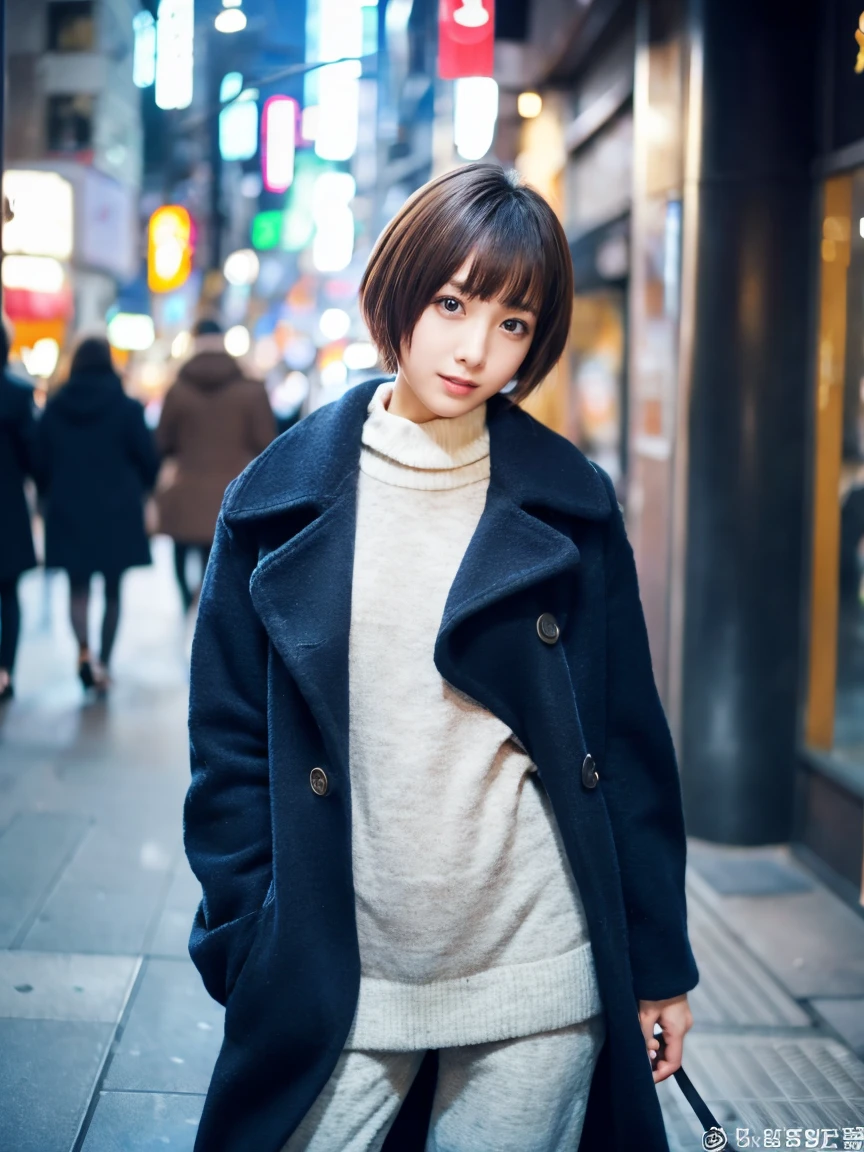Jun Hasegawa、Shorthair、超A high resolution、(Photorealsitic:1.4)、女の子1人, coat、Dynamic Pose、The upper part of the body、tokyo street
