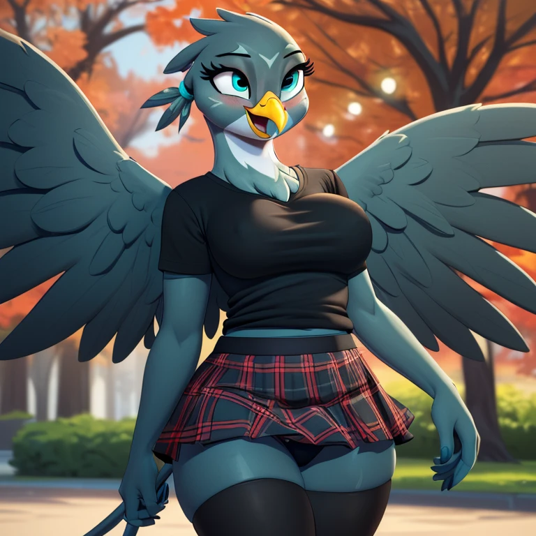 (best quality, masterpiece:1, slighty blurred background, close-up view), (front view), (gabby:1.2), (furry female anthro gryphon, blue-grey body, huge wings, spread wings, beak, tail, cobalt blue green eyes, thick thighs, wide hips), ((wearing a black and red plaid skirt, wearing an untucked black t-shirt, wearing black detailed panties, wearing black tights)), (((with lifted skirt))), (((seductively looking at centered viewer, with half-closed eyes, smiling with closed mouth, visibly aroused, blushing))), large featureless breasts, ((yellow hands, yellow arms)), (walking), ((in a park, at night)),